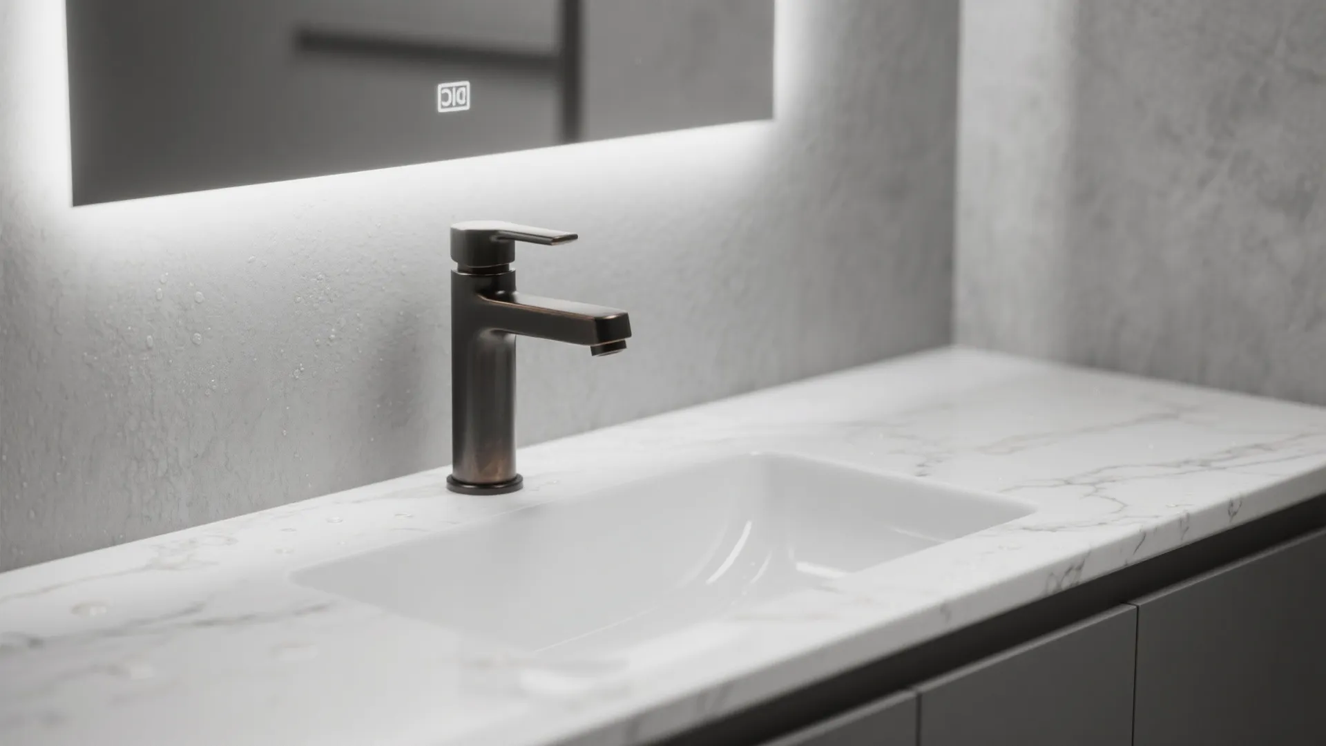 Modern black faucet on white marble sink counter with backlit mirror and grey wall background
