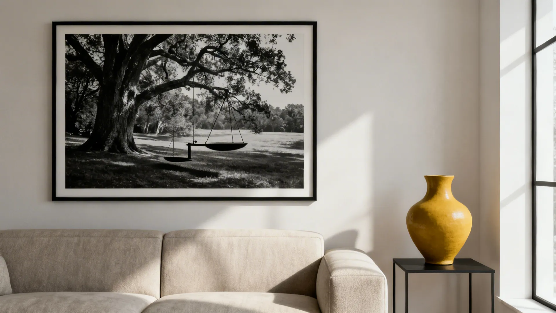 Minimalist living room wall with framed tree photo beige sofa yellow vase and bright window