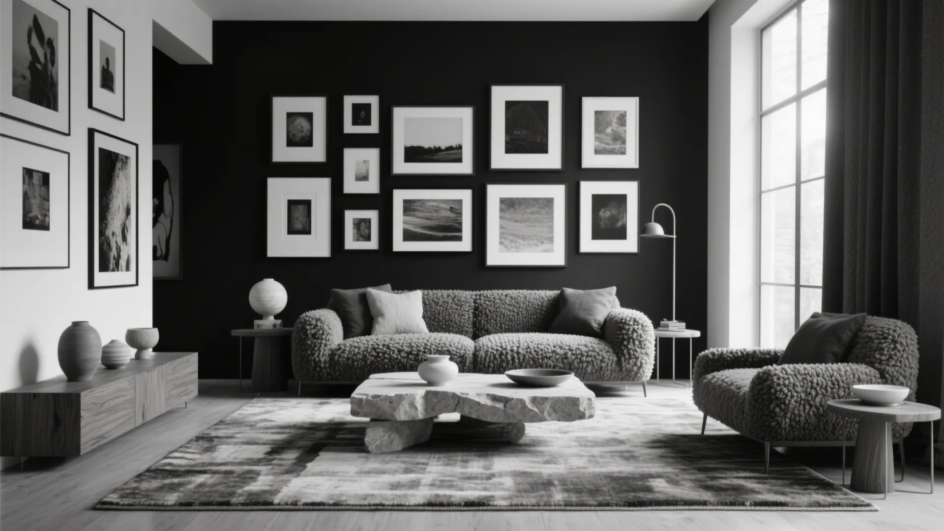 5. Monochrome Texture + Curated Art Wall