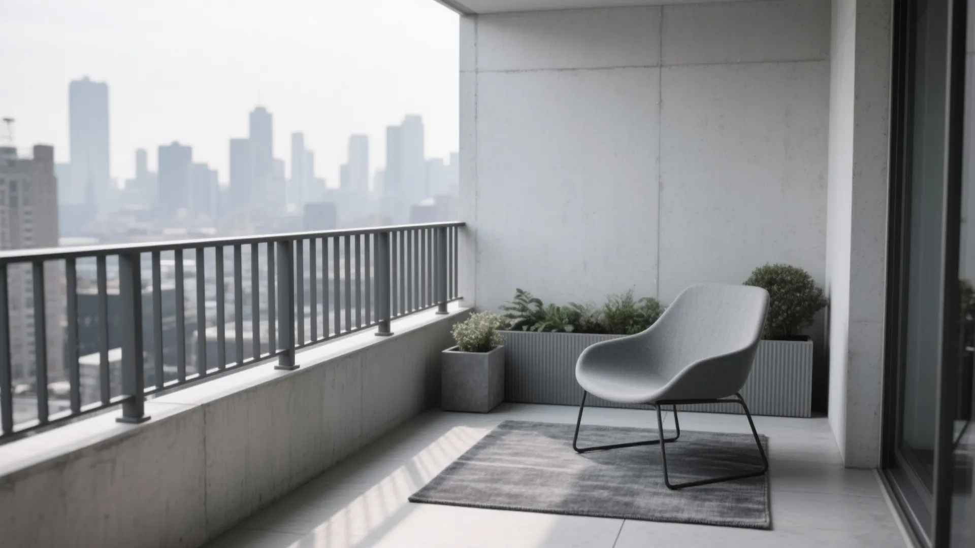 Minimalist grey balcony with a comfortable chair small rug potted plants and city skyline background view