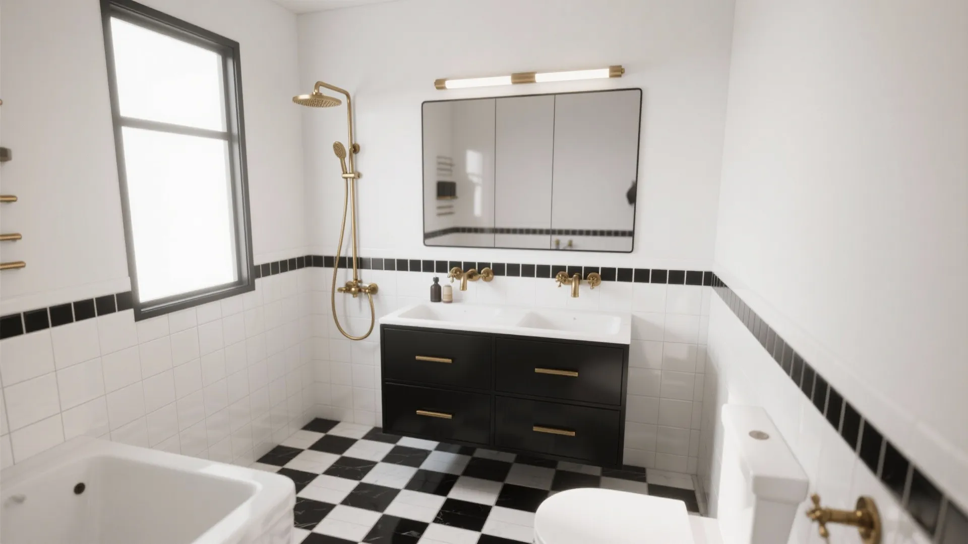 Monochrome Bathroom with Warm Metal Finishes