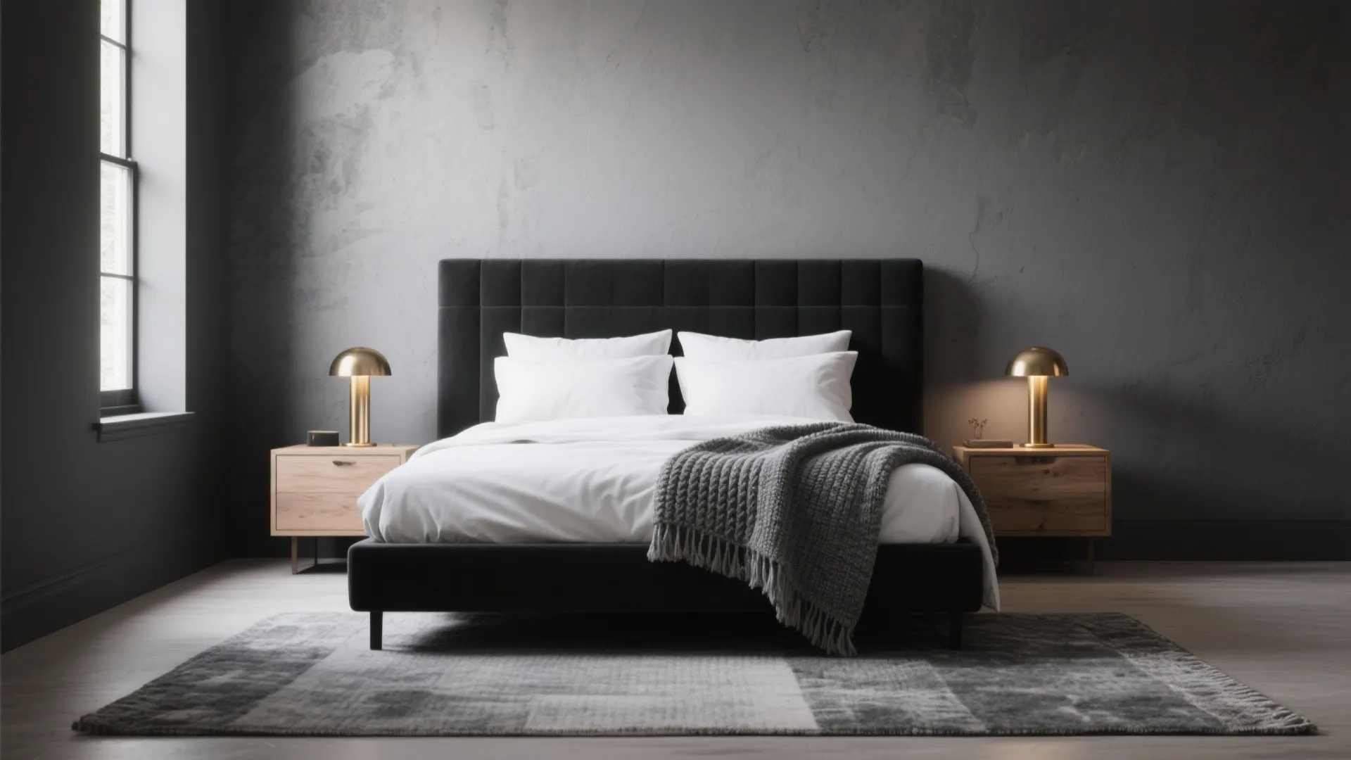 Modern bedroom featuring black bed with white linens and two golden table lamps on cabinets