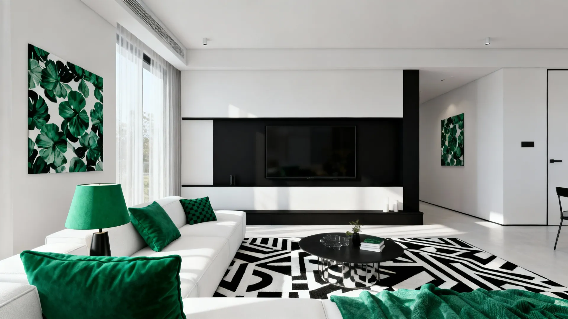 Monochrome black-and-white living room with a single emerald accent repeated across textiles.