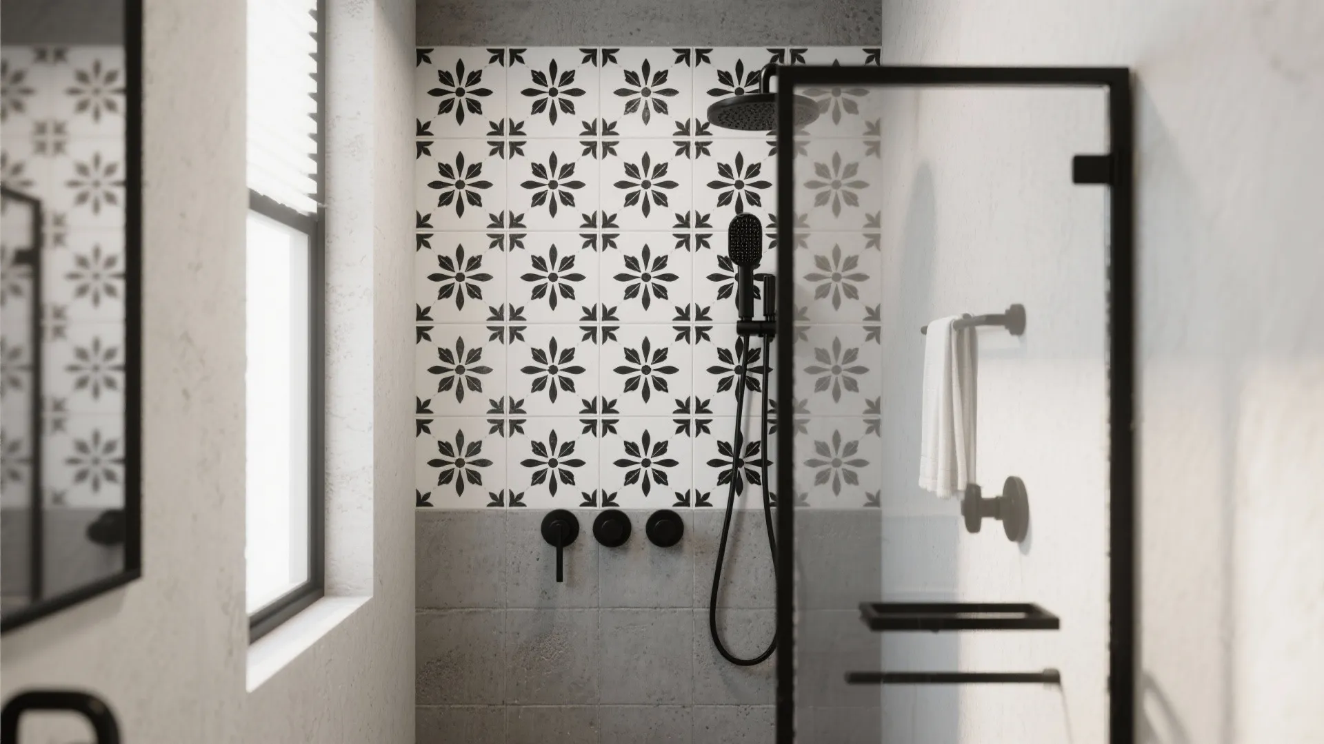 Monochrome Floral Cement Tiles for Timeless Contrast