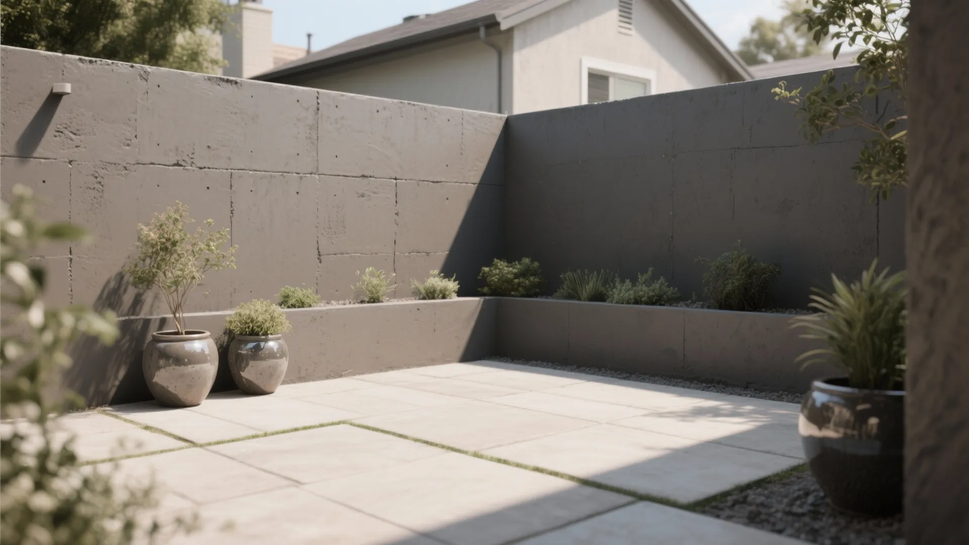 Minimalist backyard patio with grey cement walls large floor tiles and small potted green plants