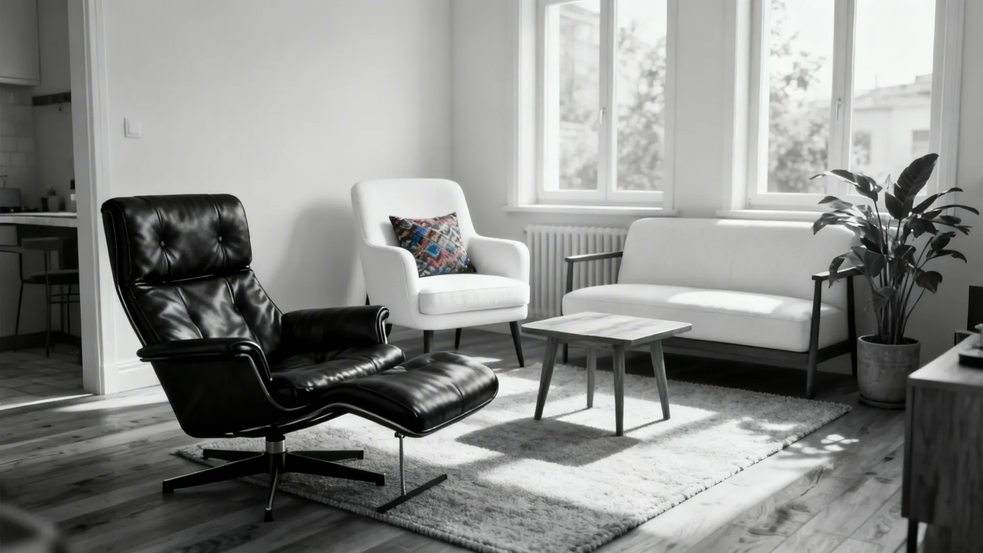 Black leather chair with footrest and white sofa in a bright living room with windows