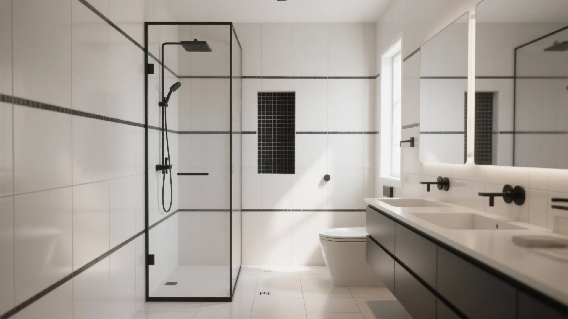 Modern white bathroom featuring black shower frame black faucets double vanity mirrors and white toilet