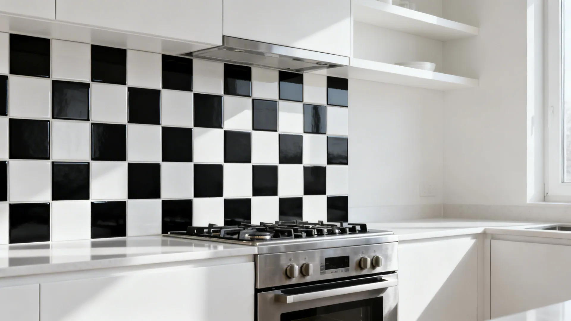 Matte black-and-white porcelain checkerboard mosaic precisely framing a modern cooktop.