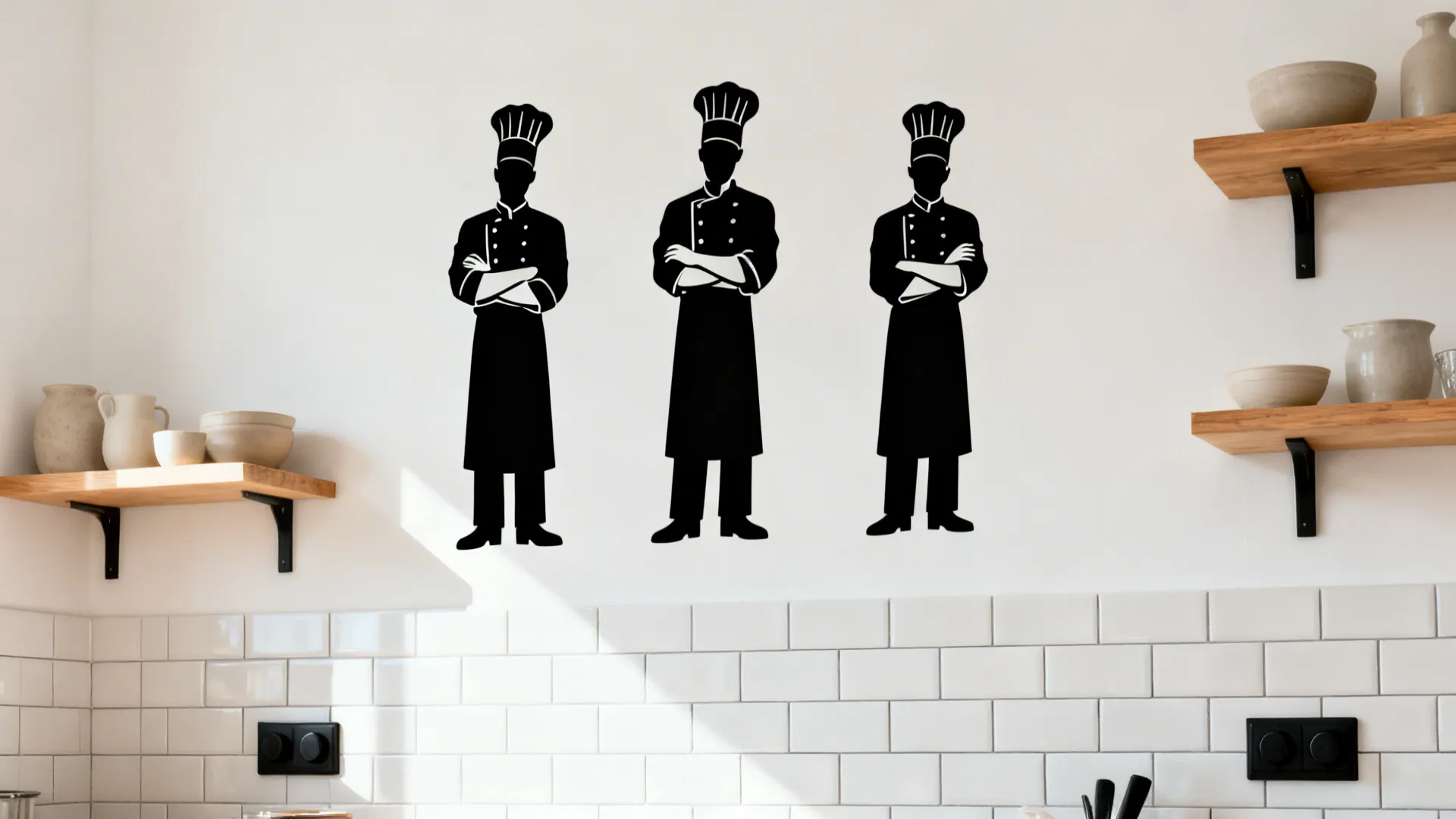 Three black chef silhouette decals staggered on a smooth warm white kitchen wall with minimalist shelving.