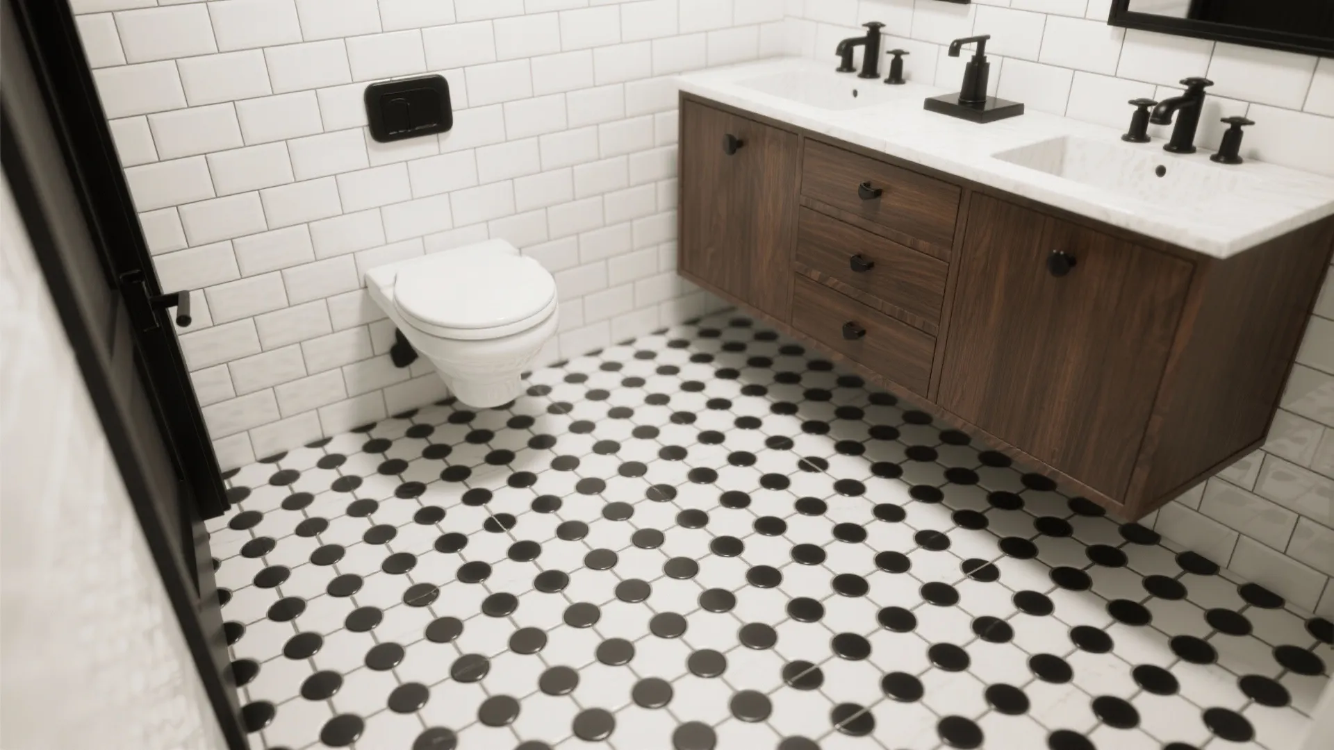 Bathroom with white subway wall tiles black circle floor pattern and dark wood double sink