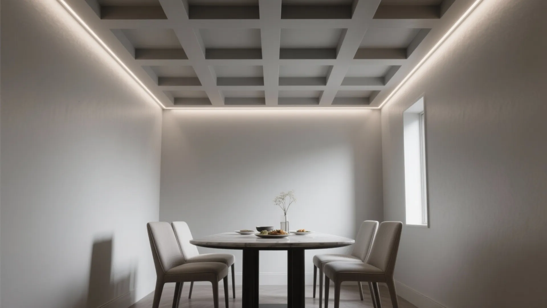 Dining room with a grid ceiling design warm light strips marble table and four chairs