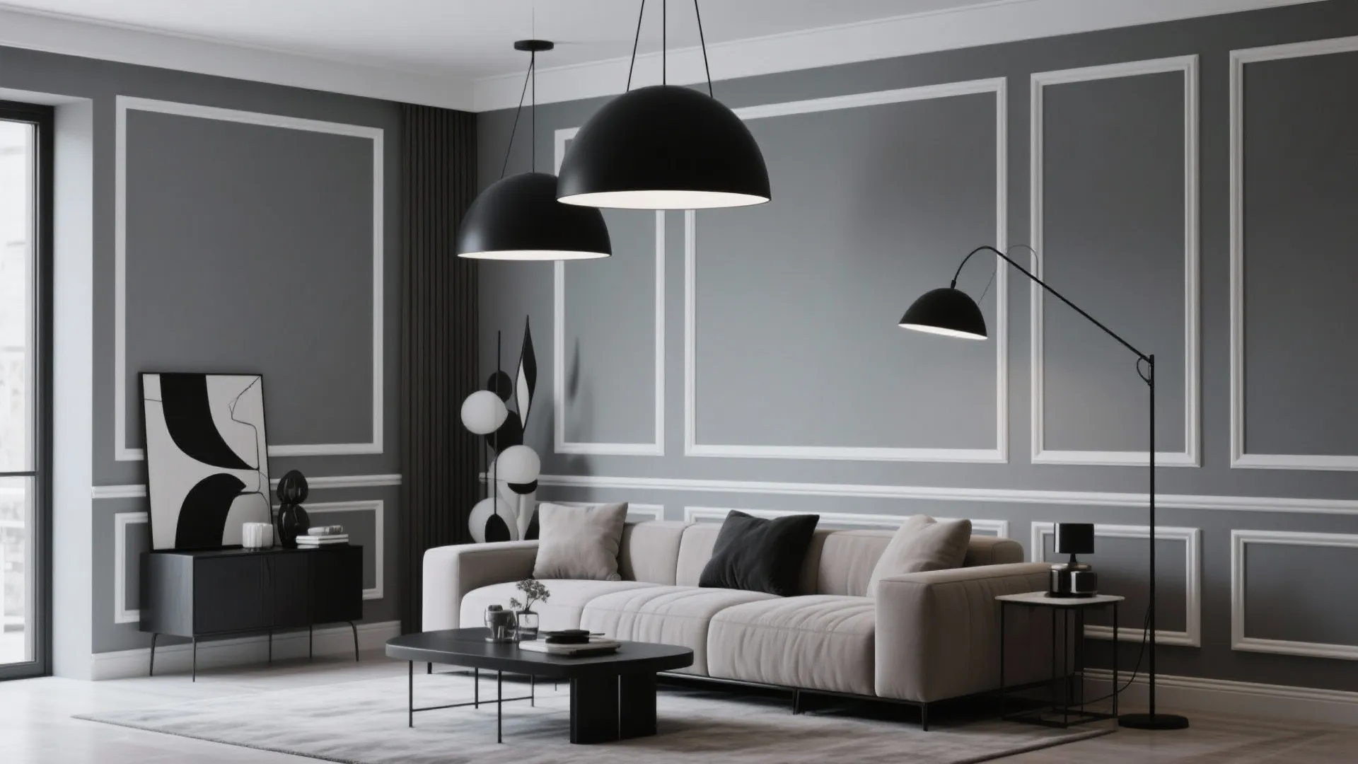 Modern grey living room with beige sofa black coffee table ceiling lights and wall panels