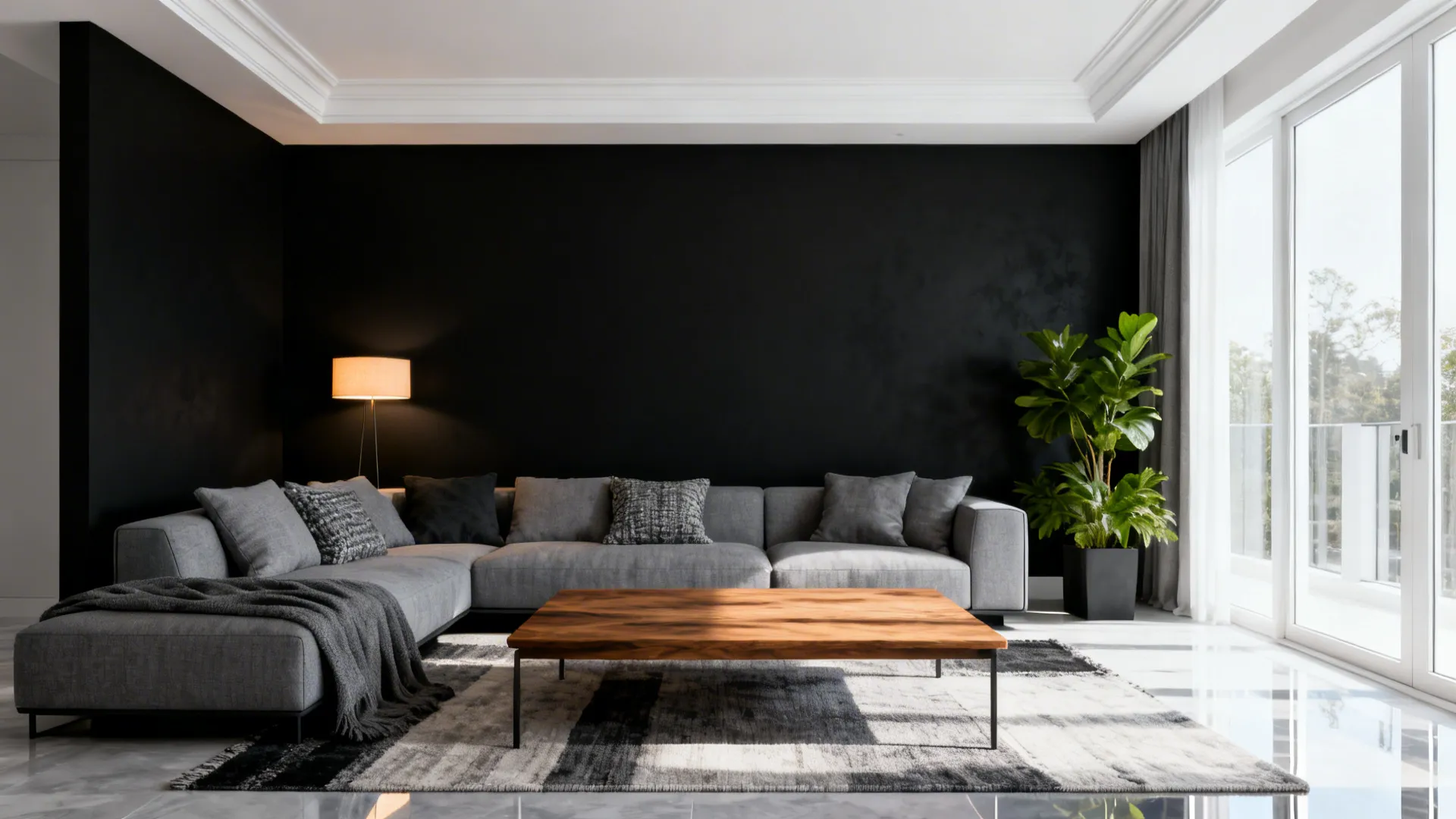 Modern living room with black wall, grey sofa, wooden table, green plant, and large windows