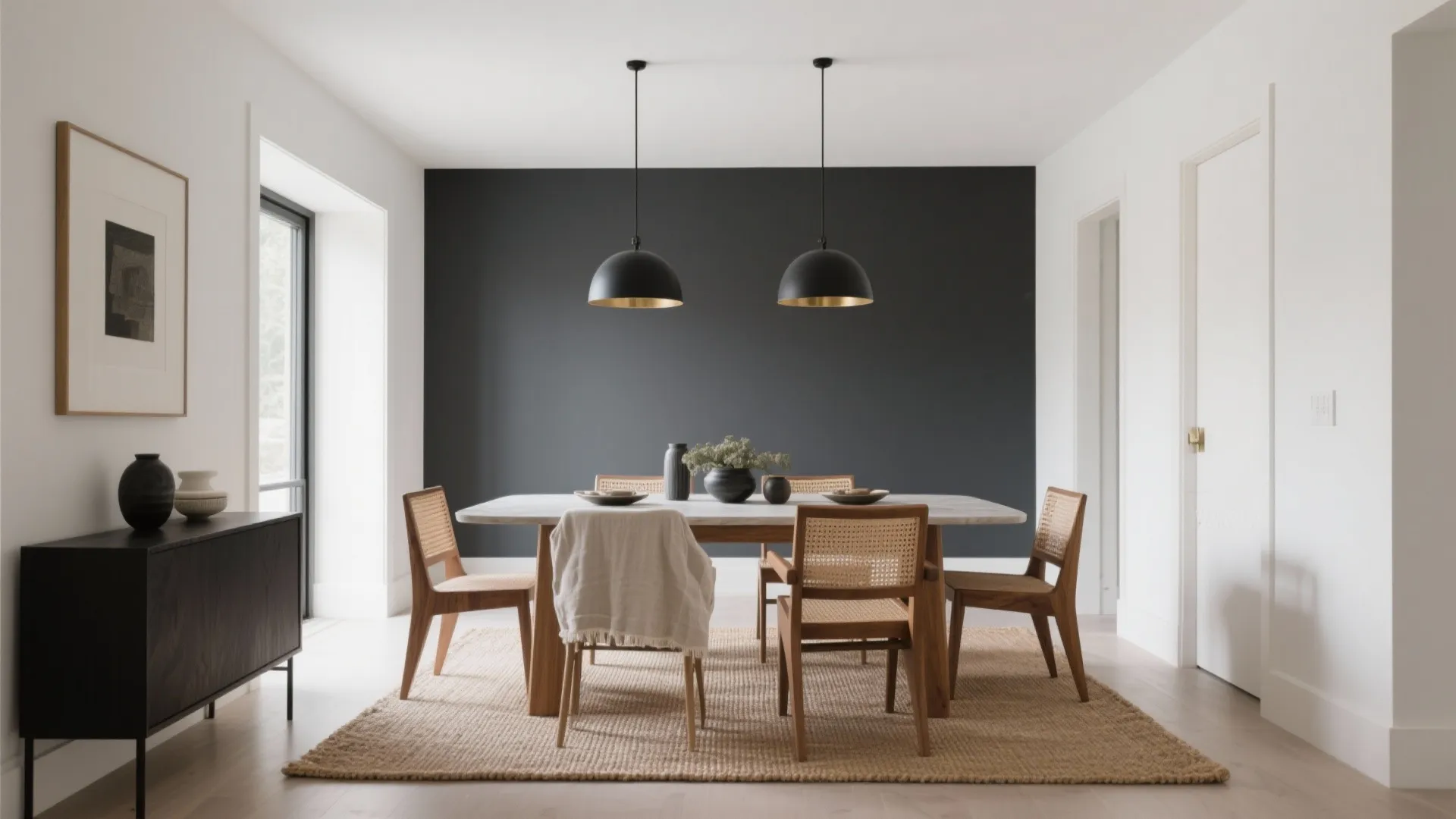 Minimalist dining room with dark accent wall wooden table rattan chairs and black ceiling lights