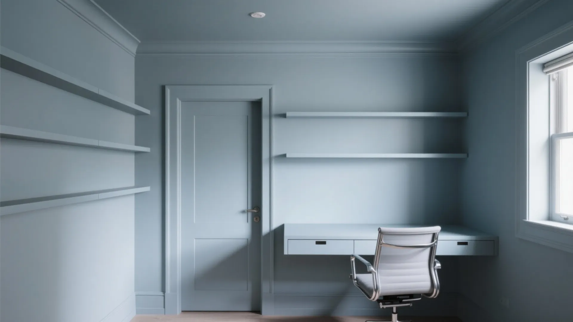 Modern home office with blue walls matching desk shelves office chair and a white window frame