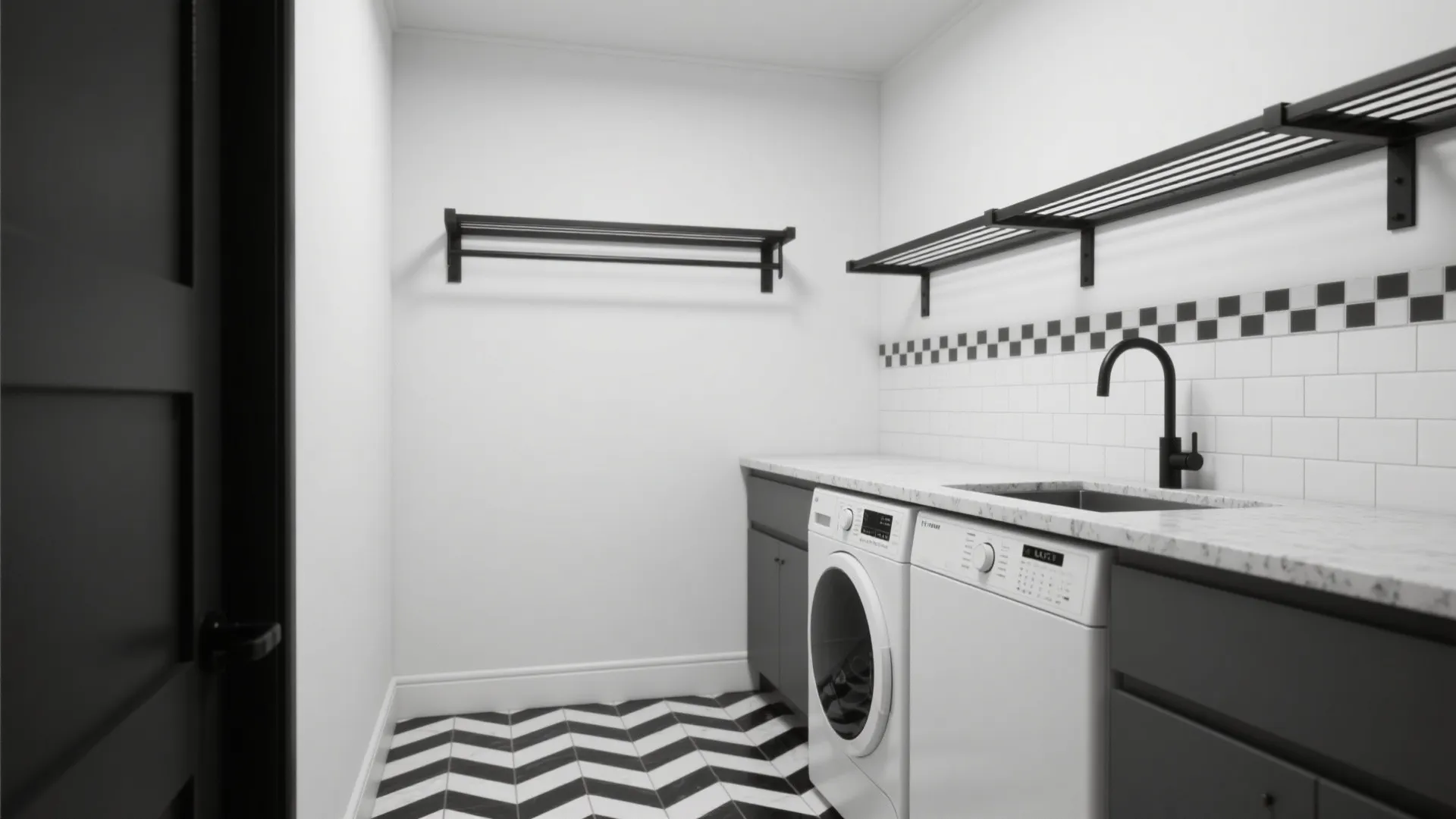 Modern laundry room with washing machine dryer black metal wall racks and patterned black white floor