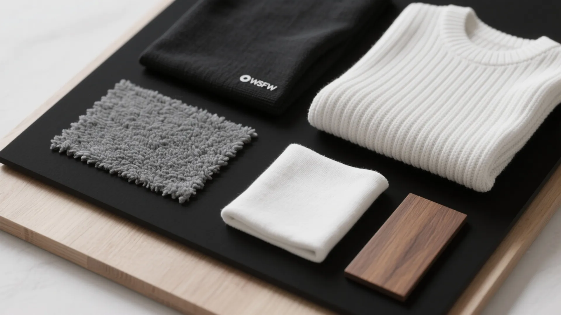 Interior design material board with grey carpet sample white sweater wooden block and black fabric textures