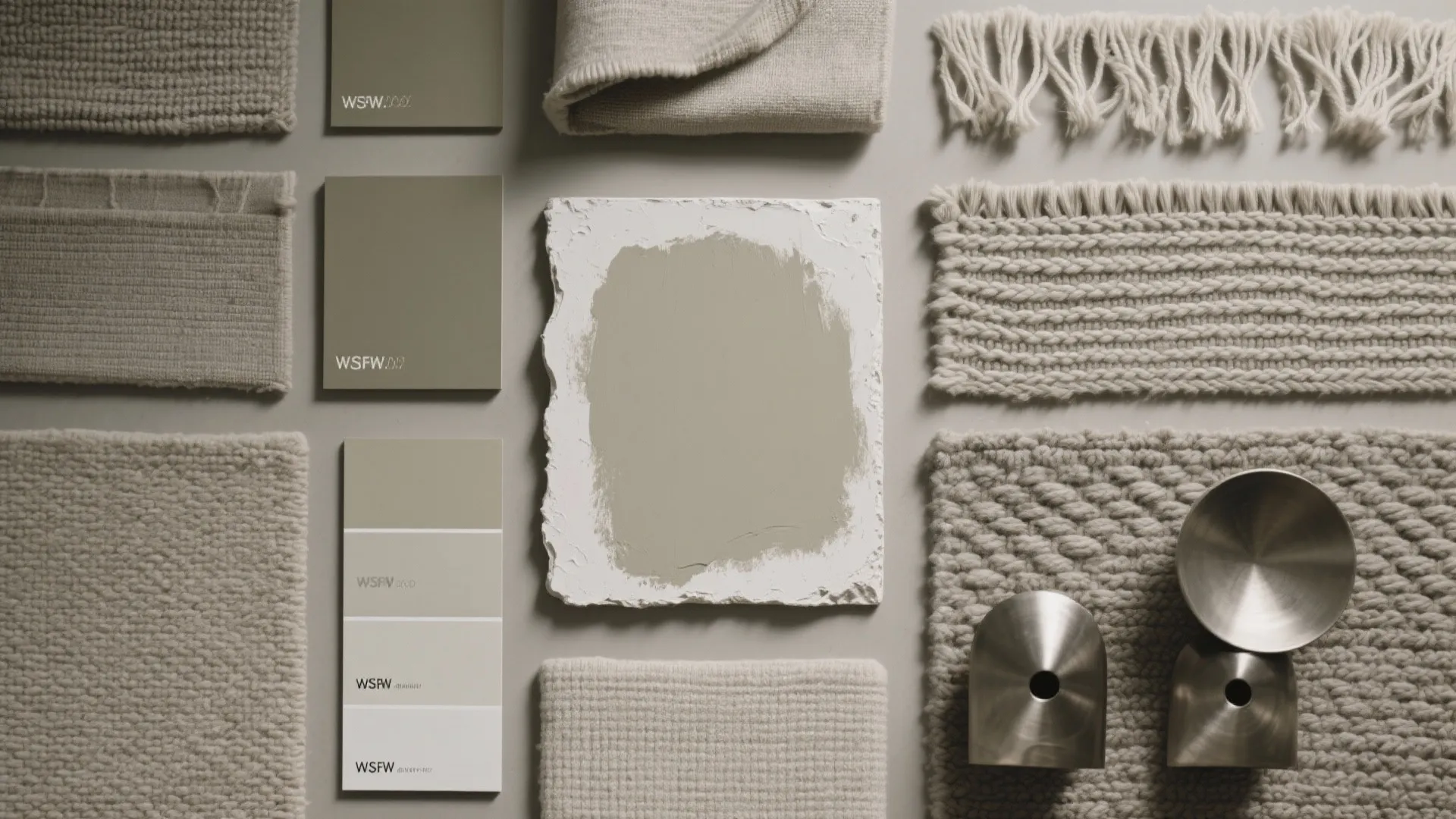 Interior design mood board with fabric swatches paint color samples and neutral textured material display
