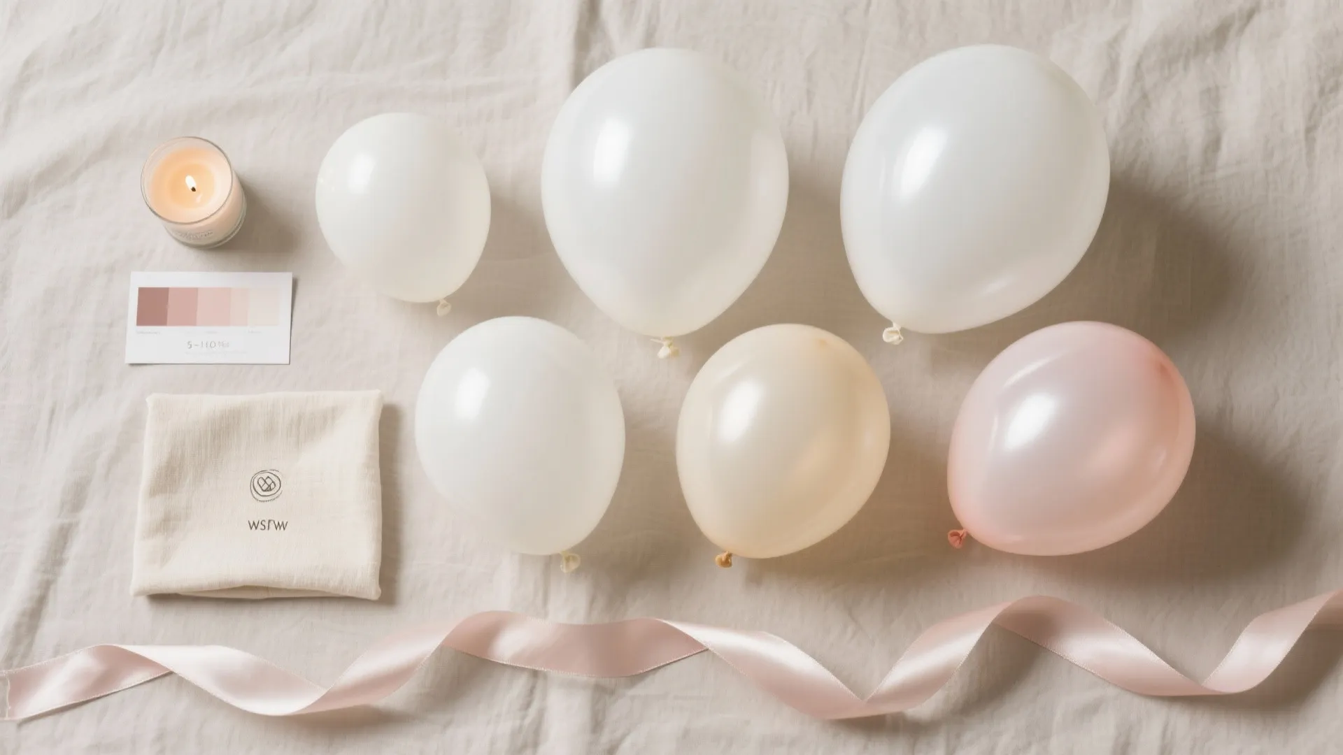 Top-down flat lay of ivory balloons in matte and pearlescent finishes with a touch of blush.