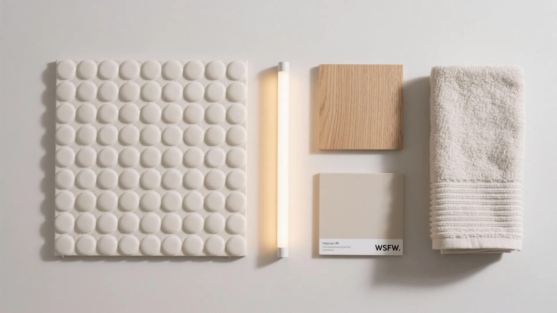 Interior design mood board with white round tiles wood sample color swatch and light fixture