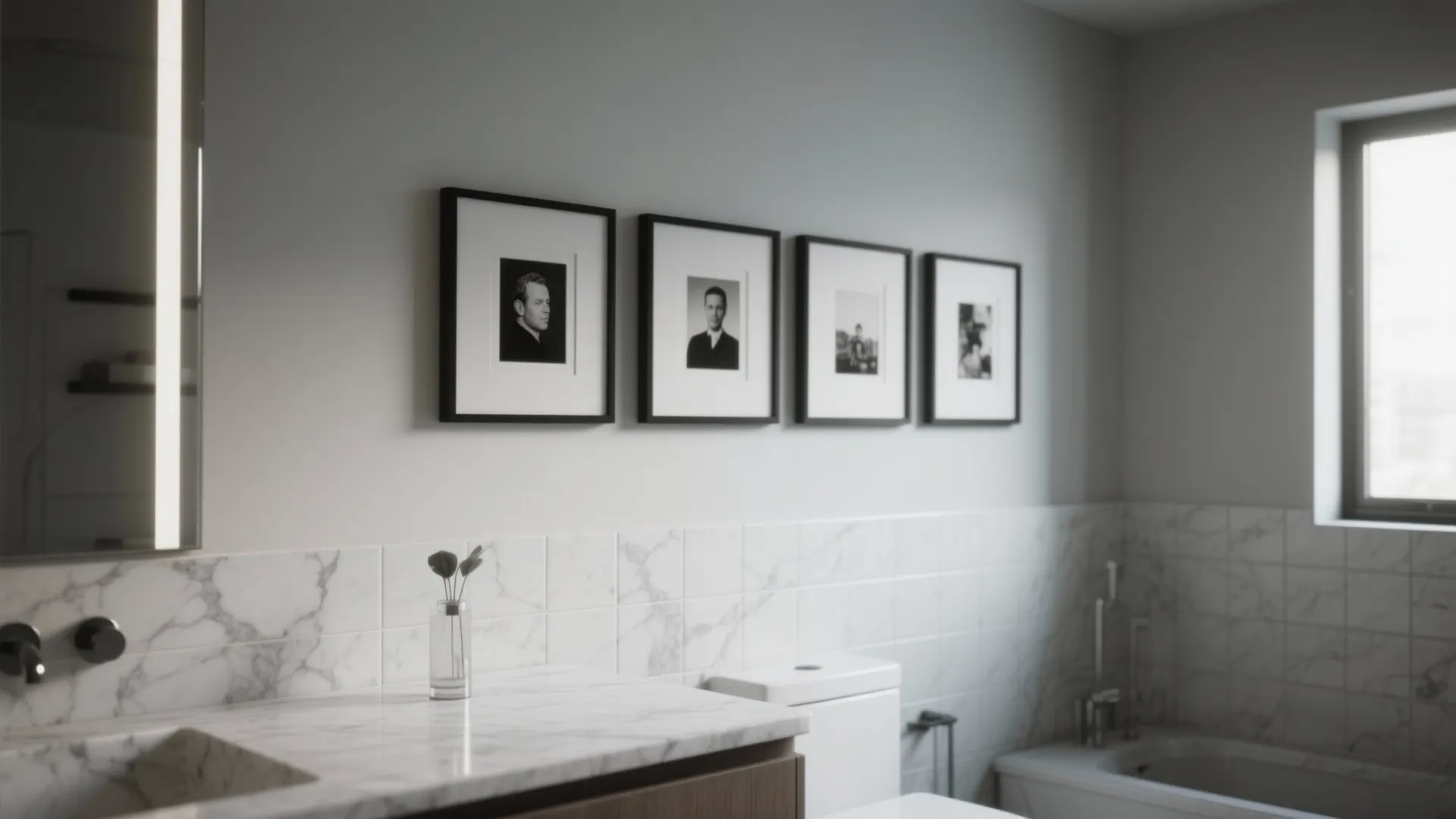 Modern bathroom featuring marble countertop with sink and black and white photo gallery wall decor