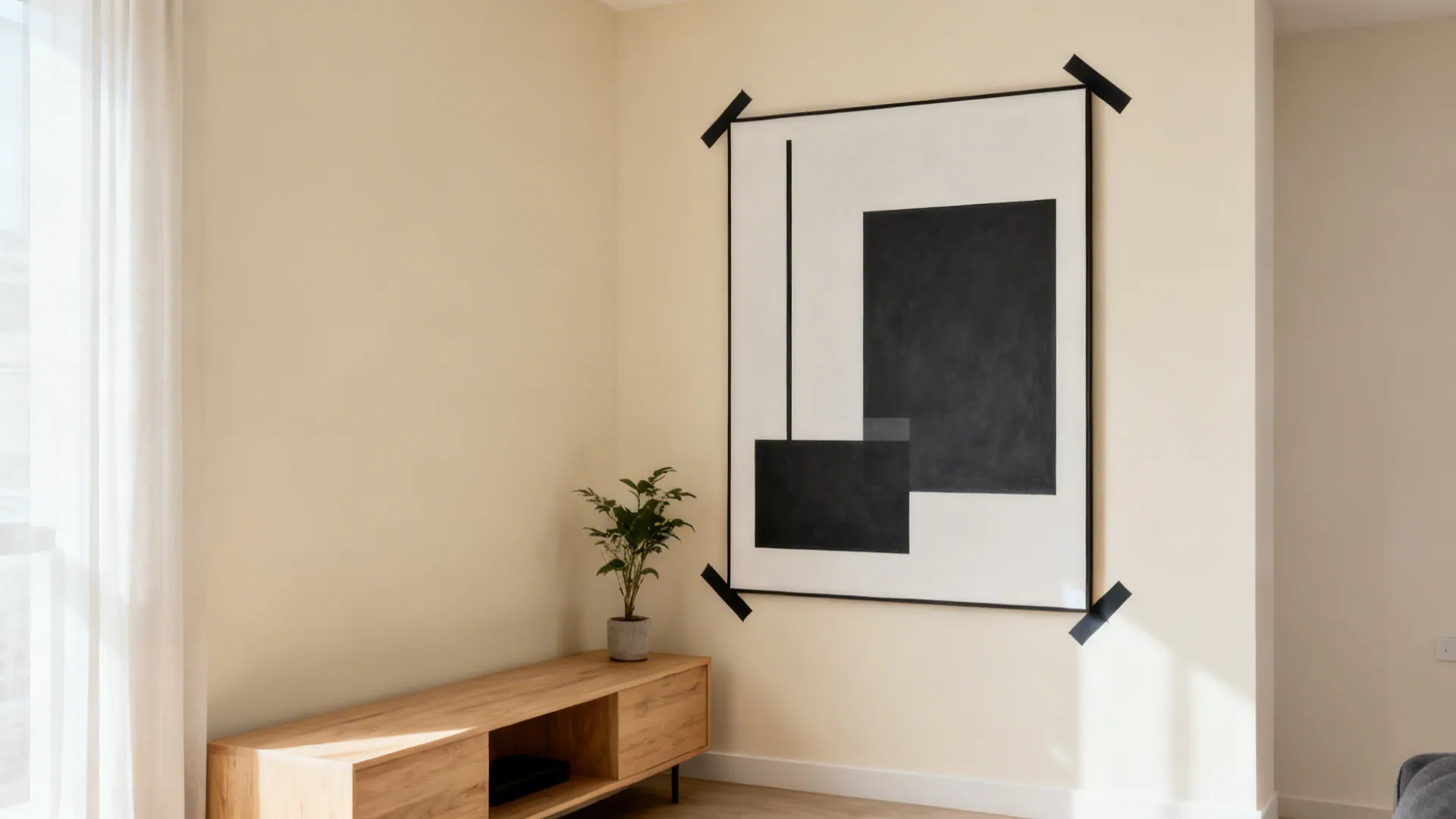 Large cream and charcoal geometric canvas on a neutral wall with oak console.