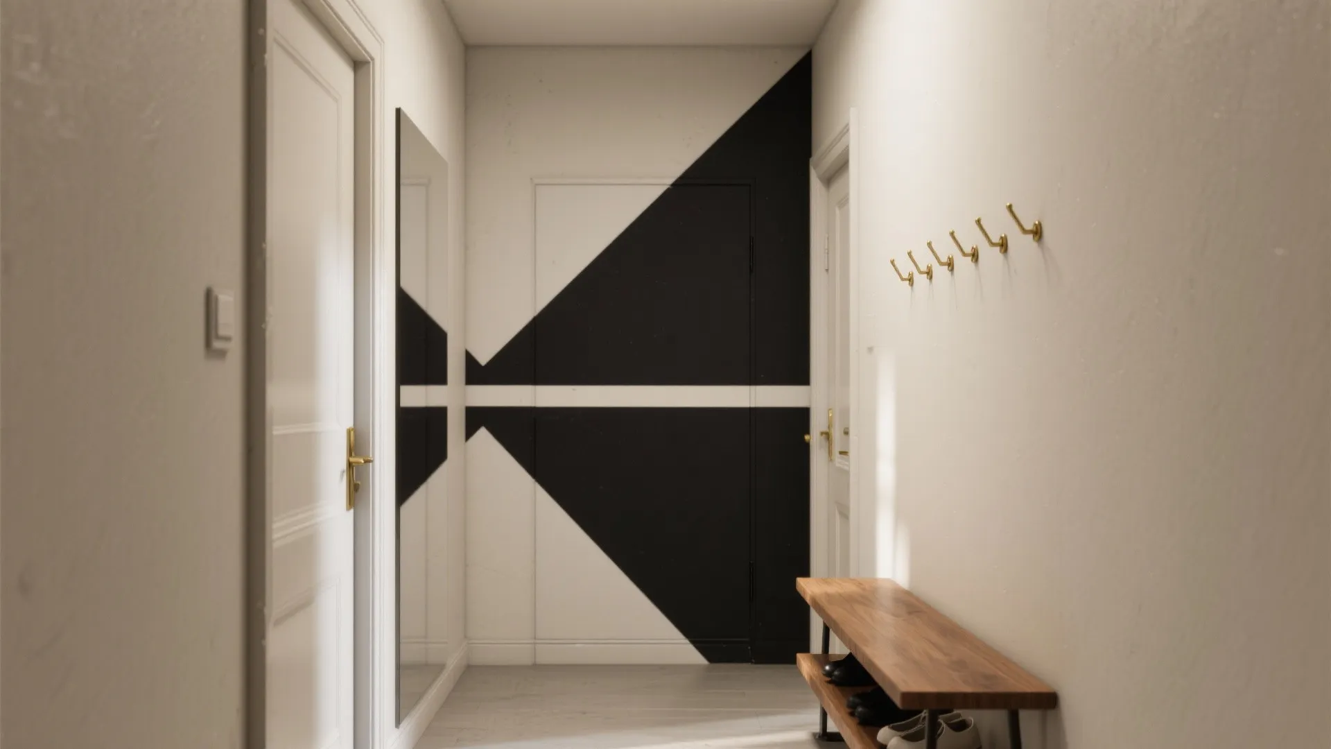 Modern hallway with black and white wall paint wooden shoe bench gold hooks and doors