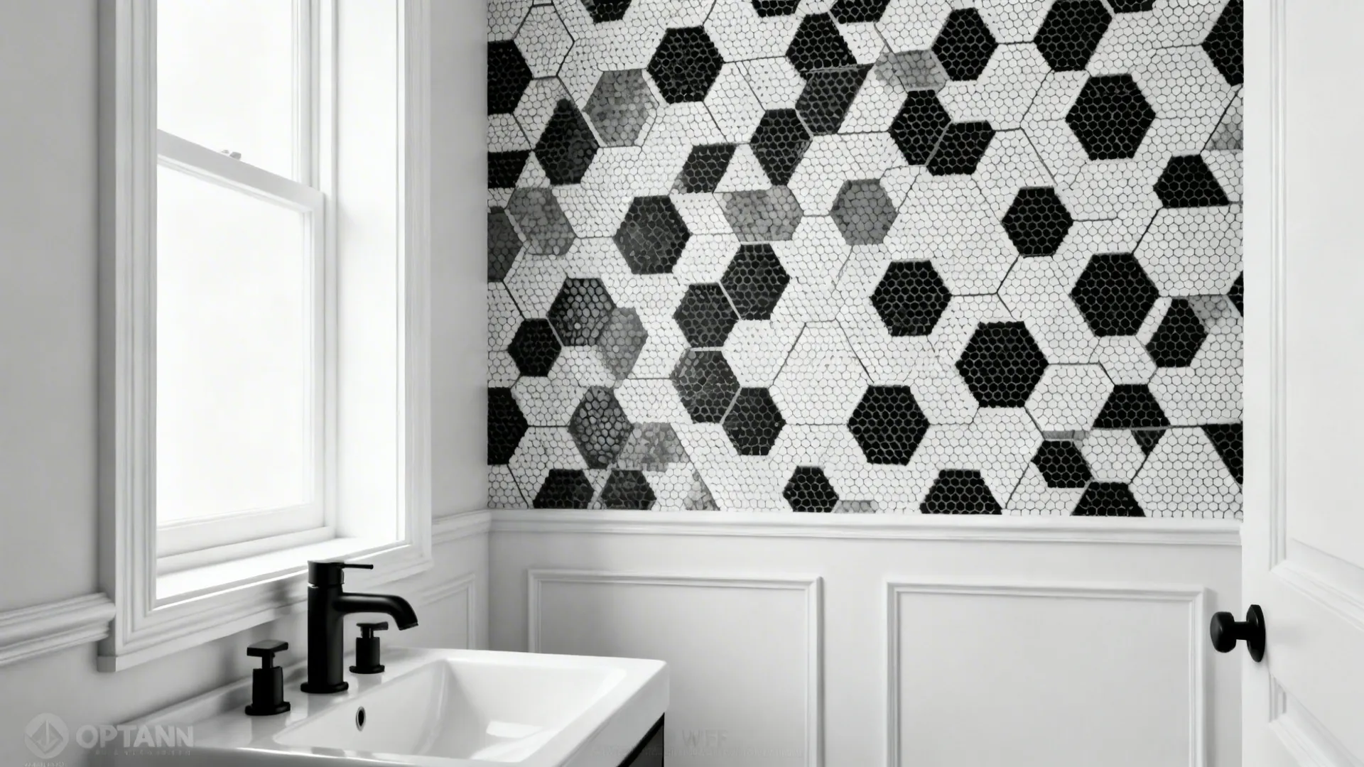 Narrow powder room with black-and-white geometric hexagon wallpaper paired with white trim and matte black fixtures.