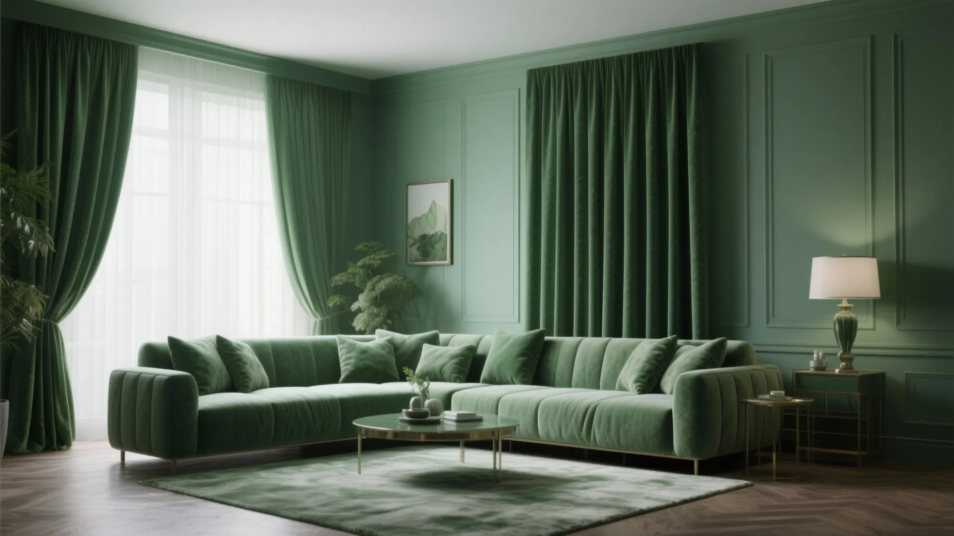 Monochrome green living room with sofa, walls, curtains