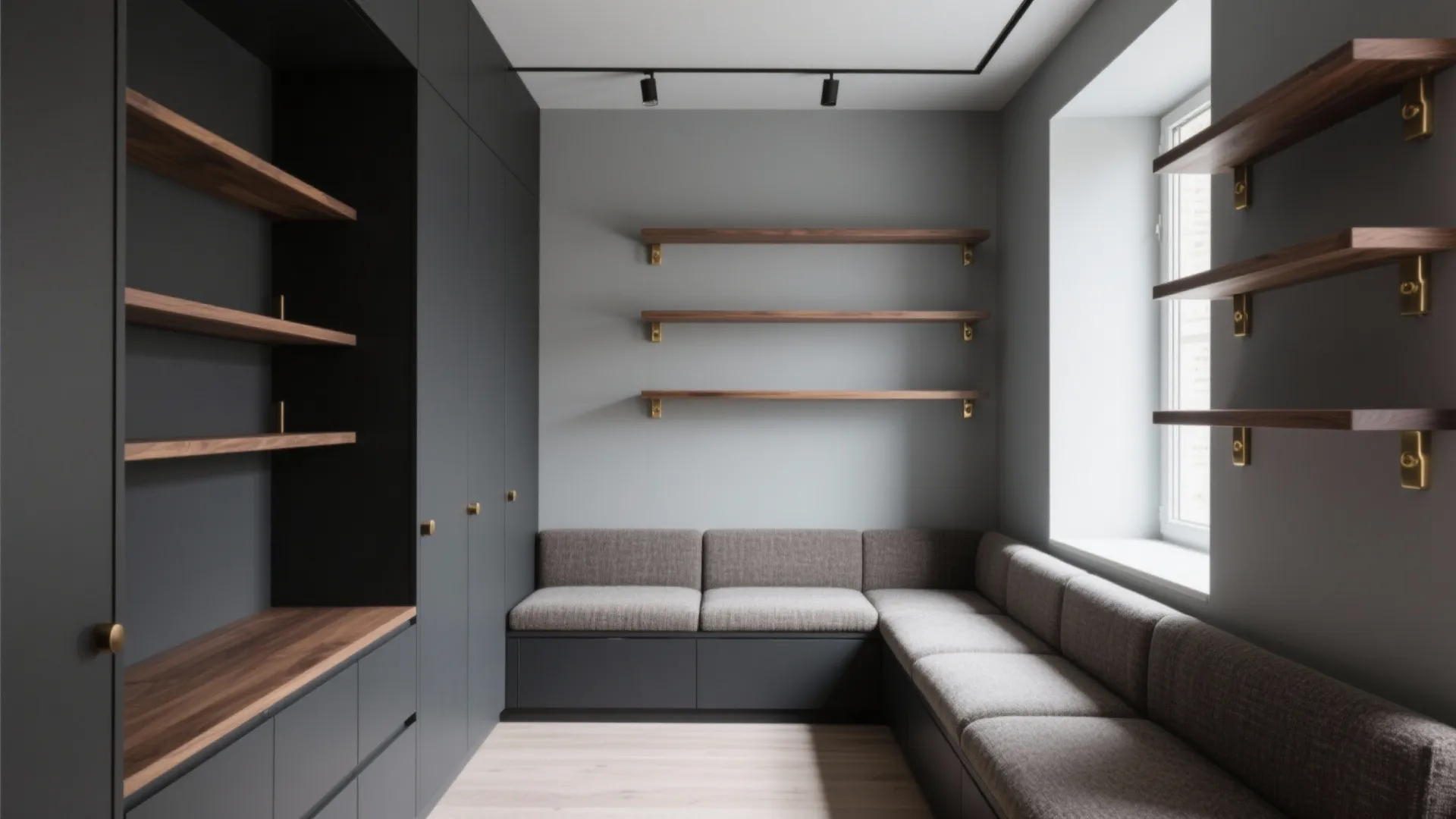 Monochrome Layers (Charcoal to Pale Grey) with Wood and Brass