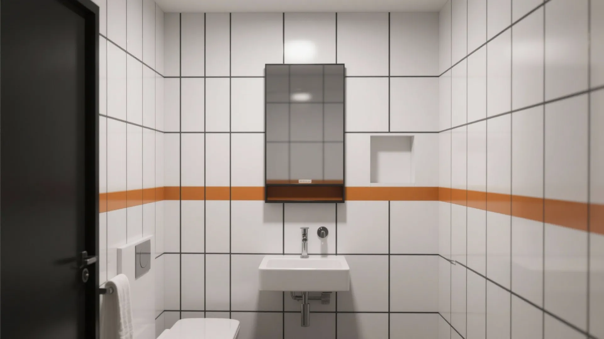 Modern bathroom with white grid tiles orange accent line small sink mirror and black door frame