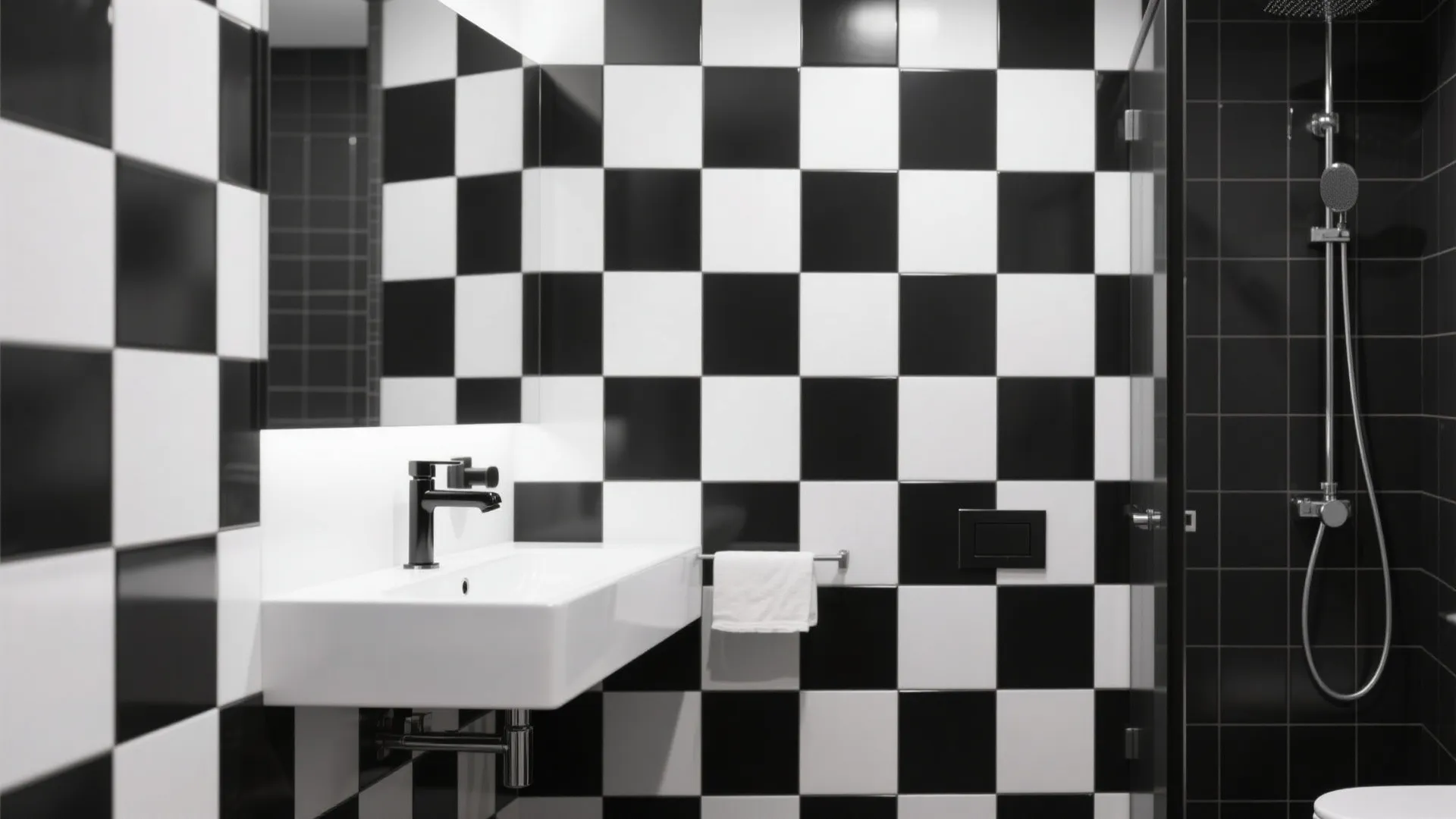 Modern bathroom interior with black and white checkered wall tiles white sink and black shower head
