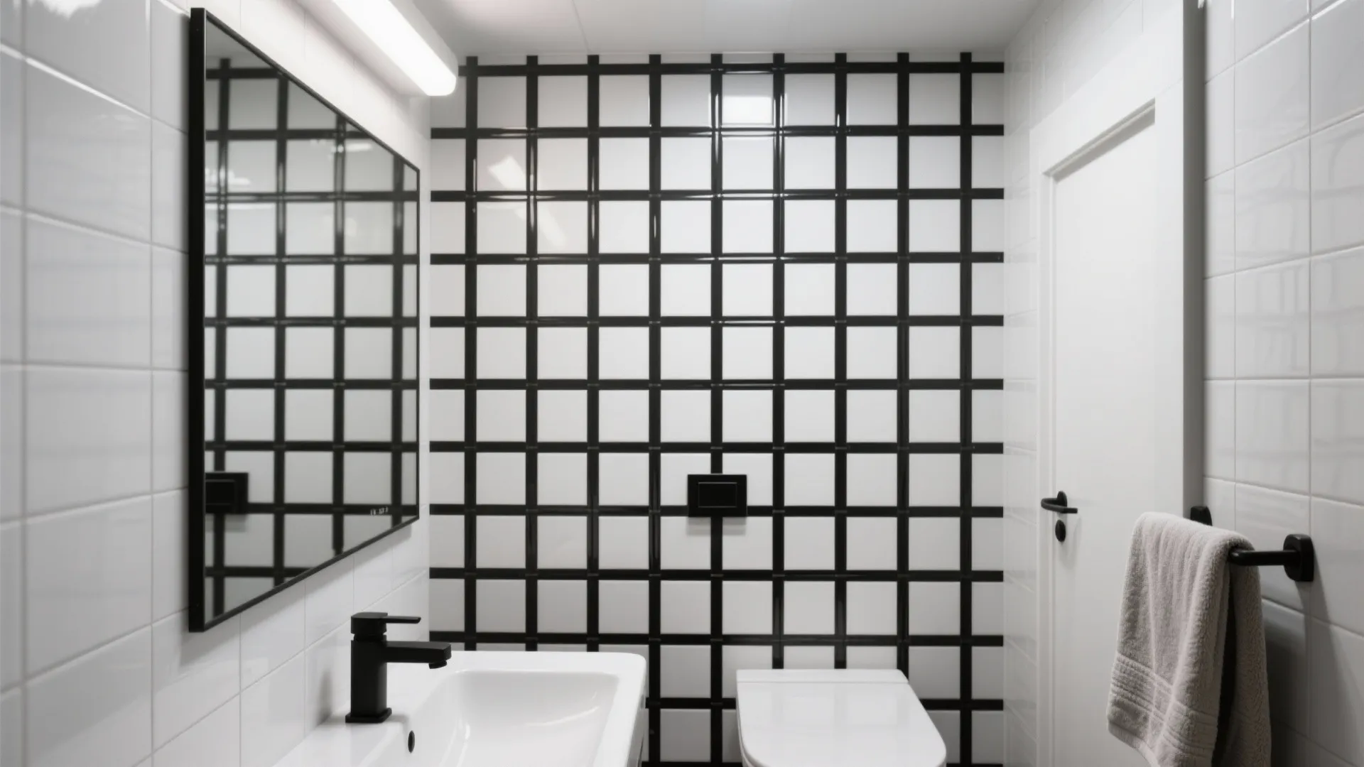 Black-and-white grid sticker wall in a minimalist bathroom with matte finish and aligned mirror.