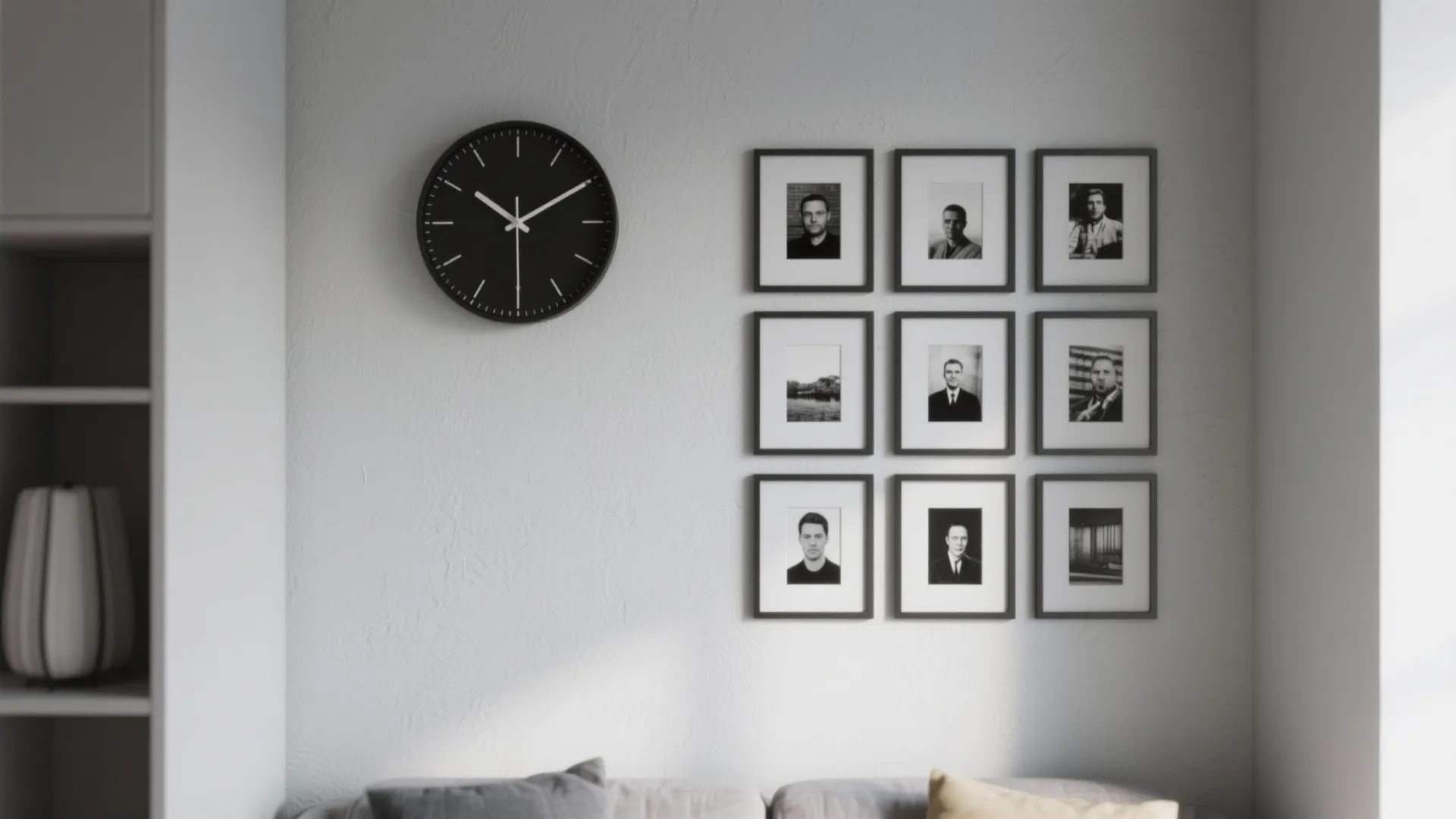White wall with round black clock and nine framed portraits arranged in a square grid
