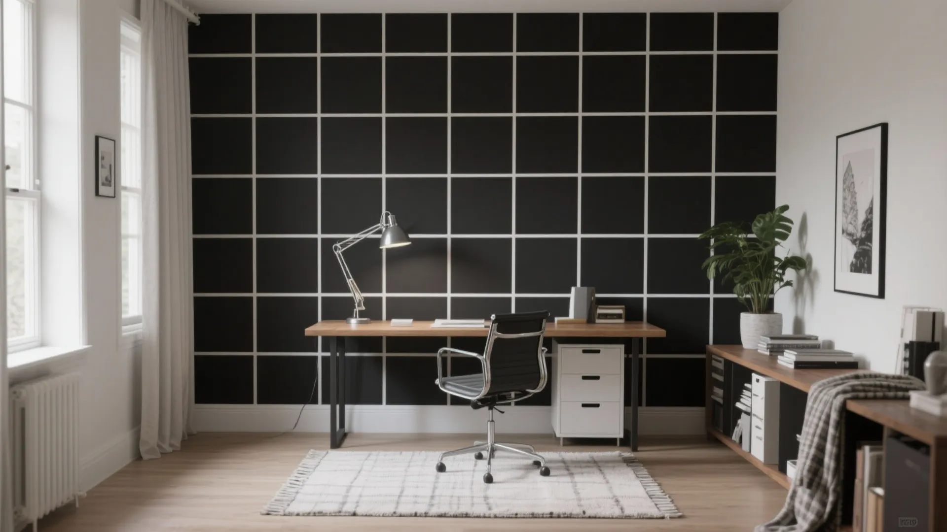 Minimalist home office with black grid wall pattern wooden desk black chair and white rug floor