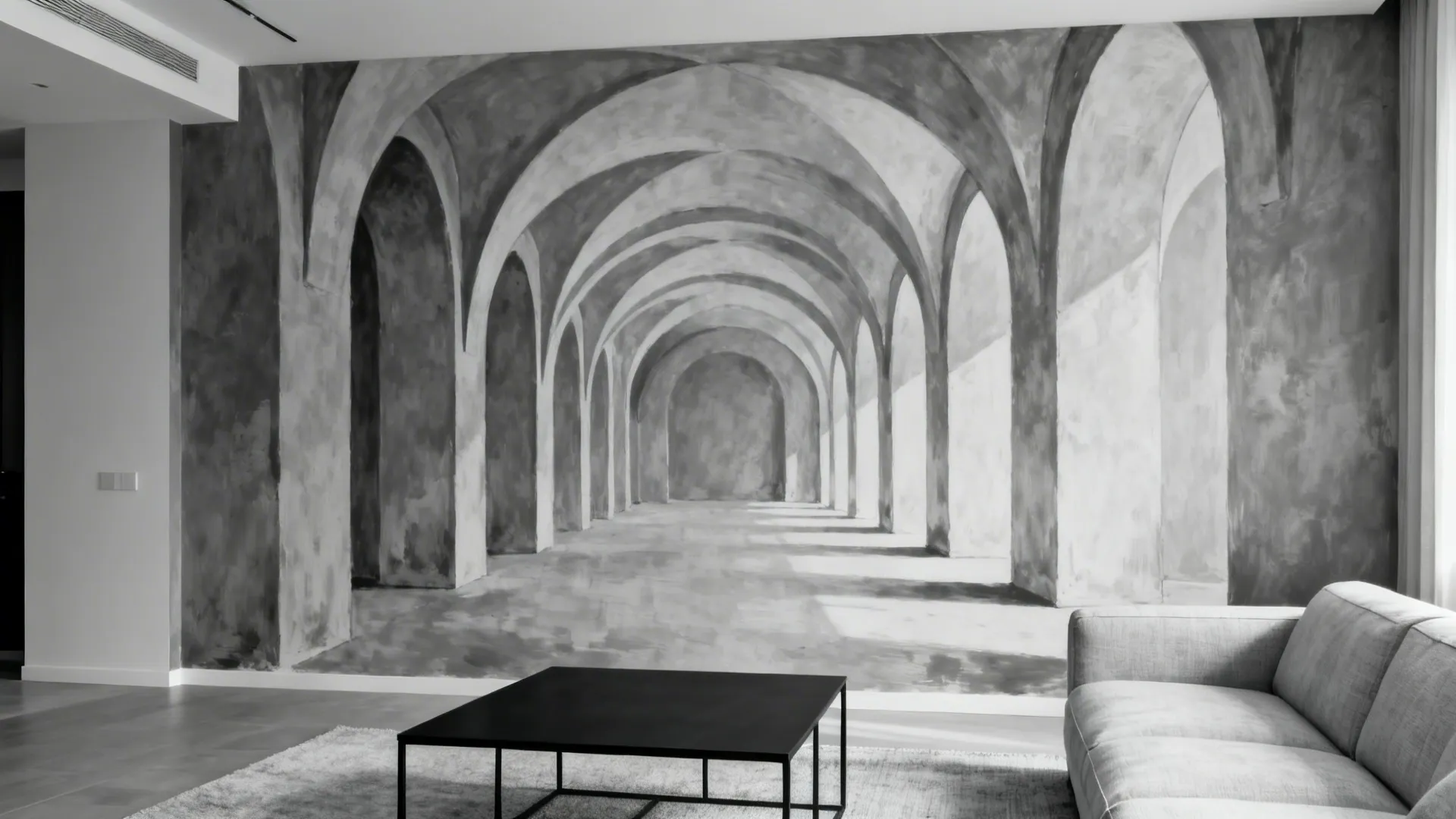 Living room with a monochrome layered-arch depth illusion mural in soft side light.
