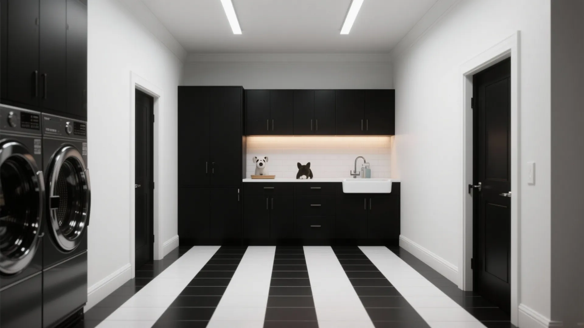 Modern black and white laundry room with dark cabinets striped floor tiles sink and washing machine