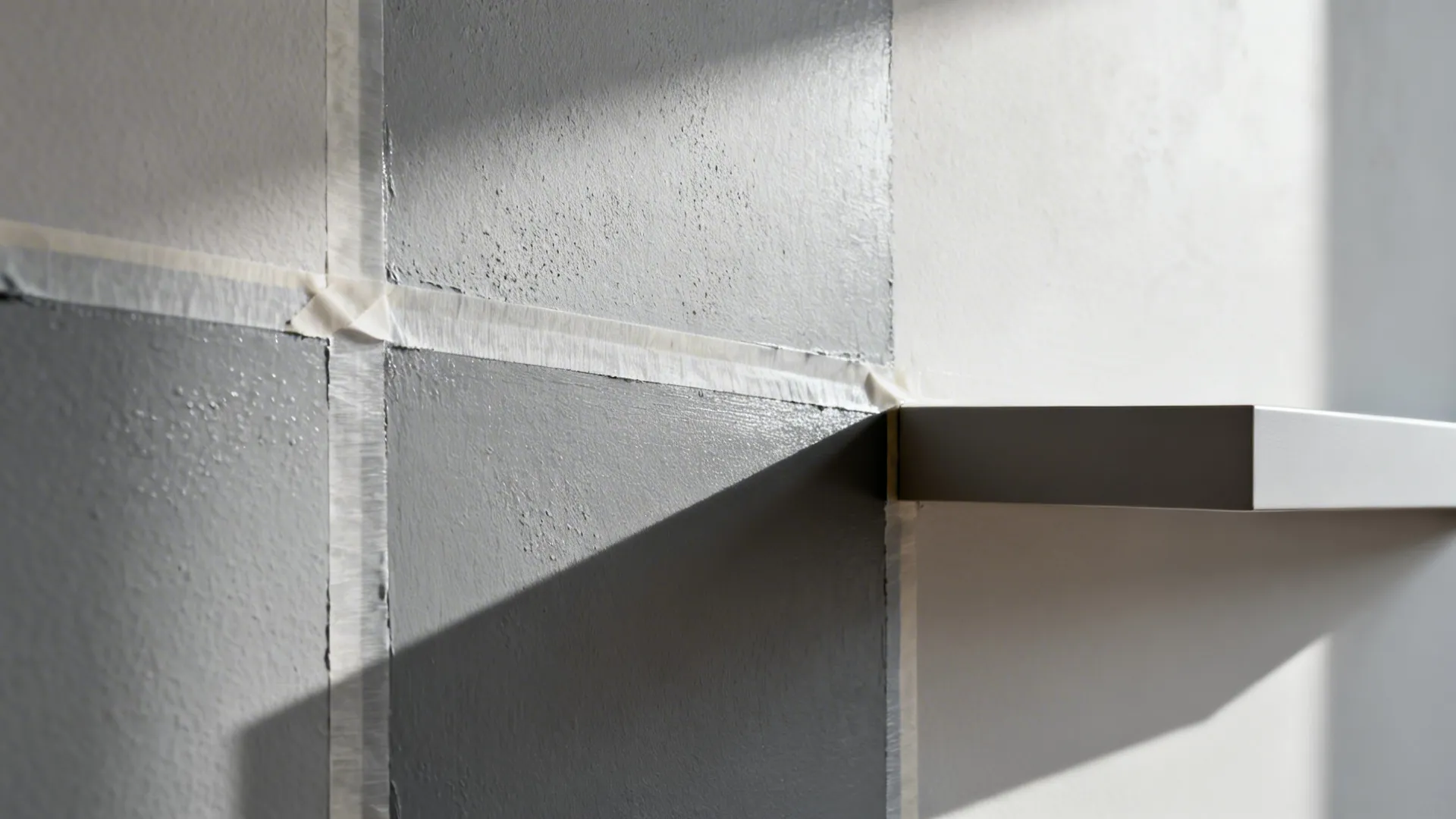 Macro view of crisp taped paint transitions between three gray tints with subtle sheen shifts.