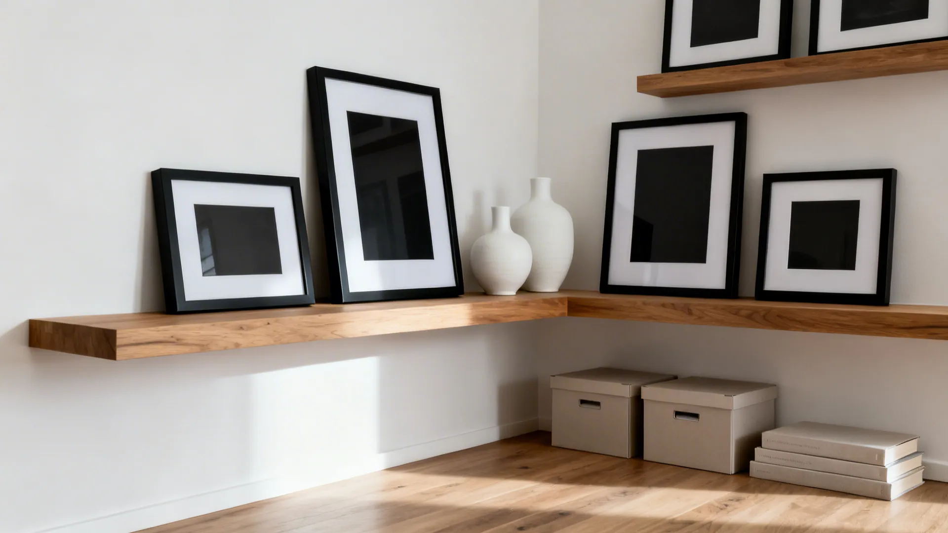 Minimal black, white, and oak living room shelves with ceramics and frames.