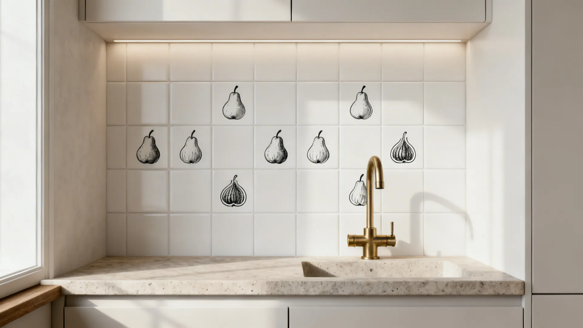 Minimal kitchenette with white tiles and subtle pear and fig line art accents.