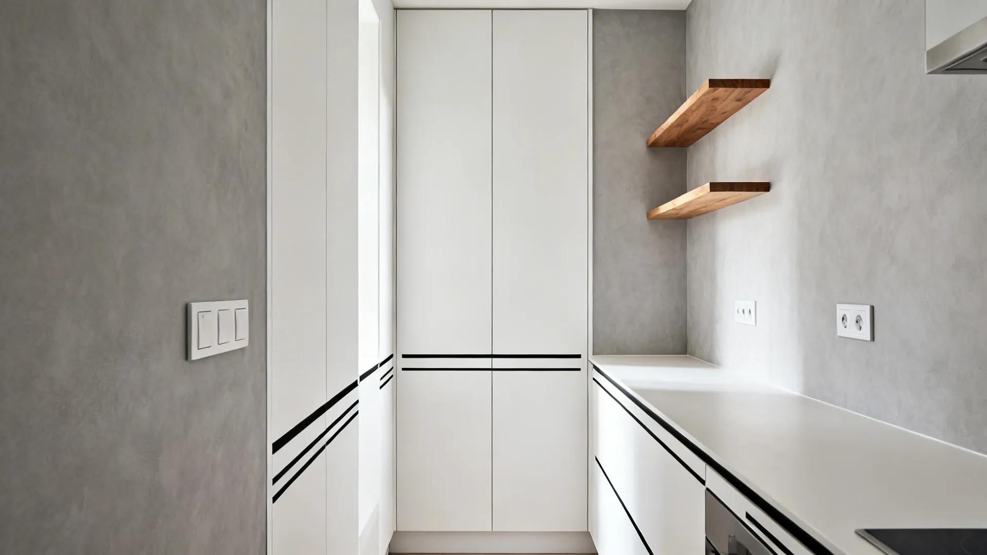 Slim black line decals extend cabinet lines along a narrow galley kitchen wall for a custom minimalist look.