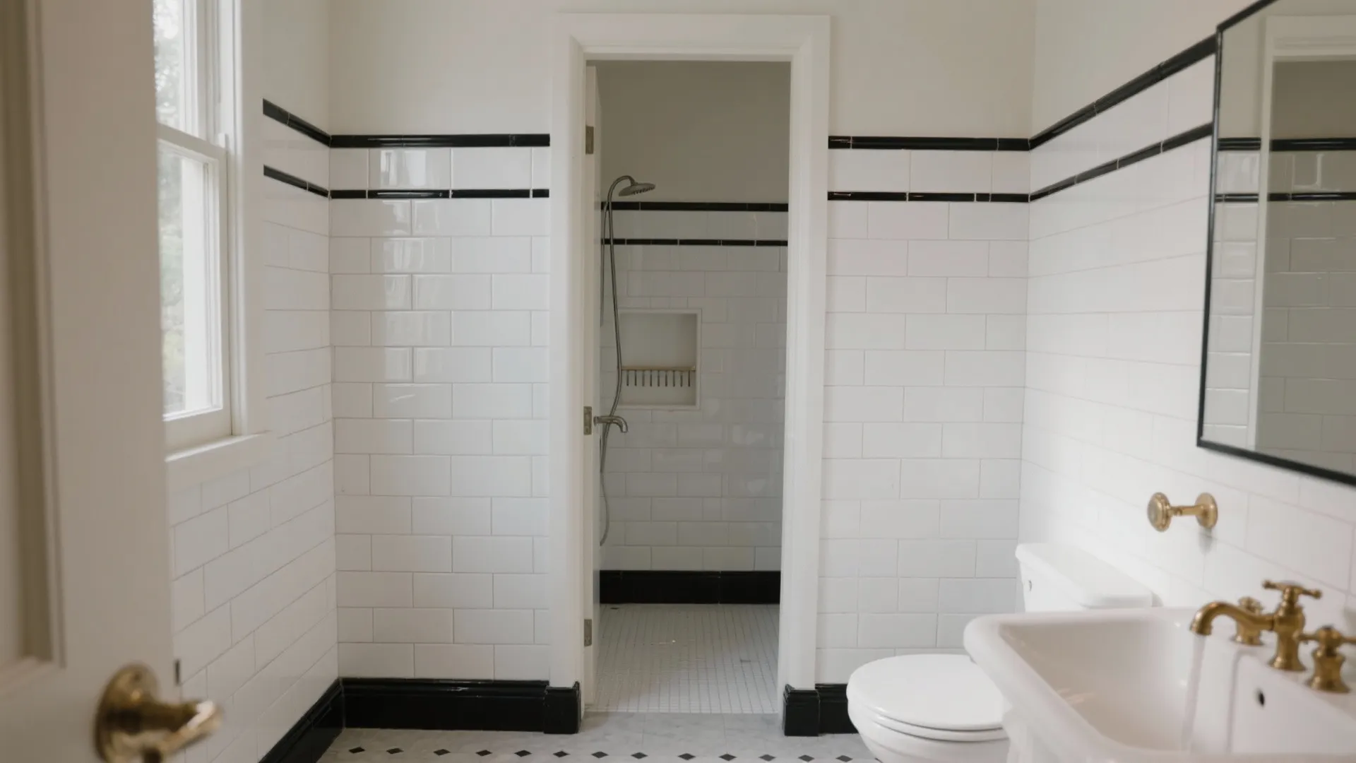 White subway tile bathroom with a slim black pencil liner at wainscot height wrapping shower and walls.