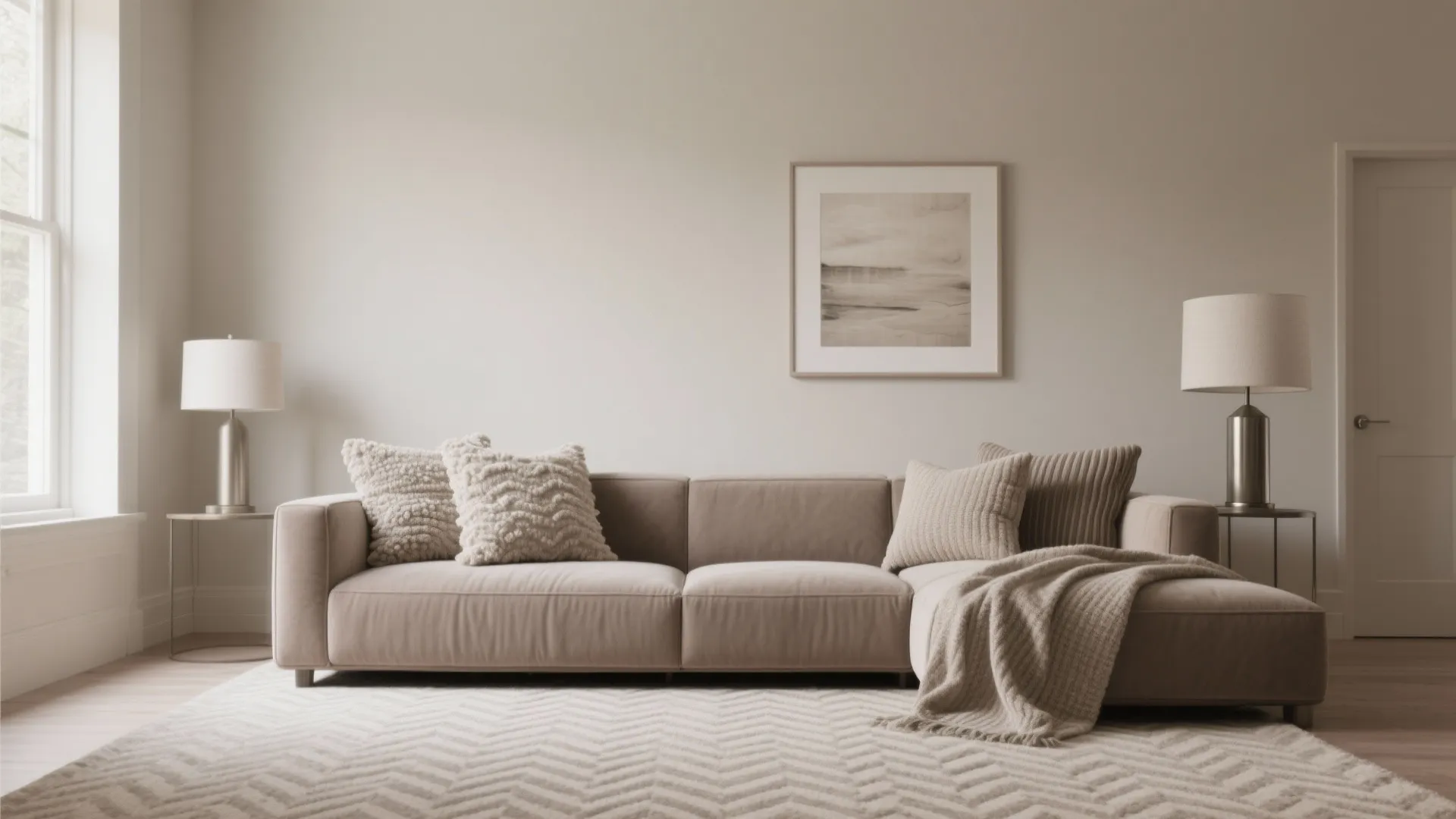 Beige sectional sofa with pillows and blanket in a neutral living room with side lamps