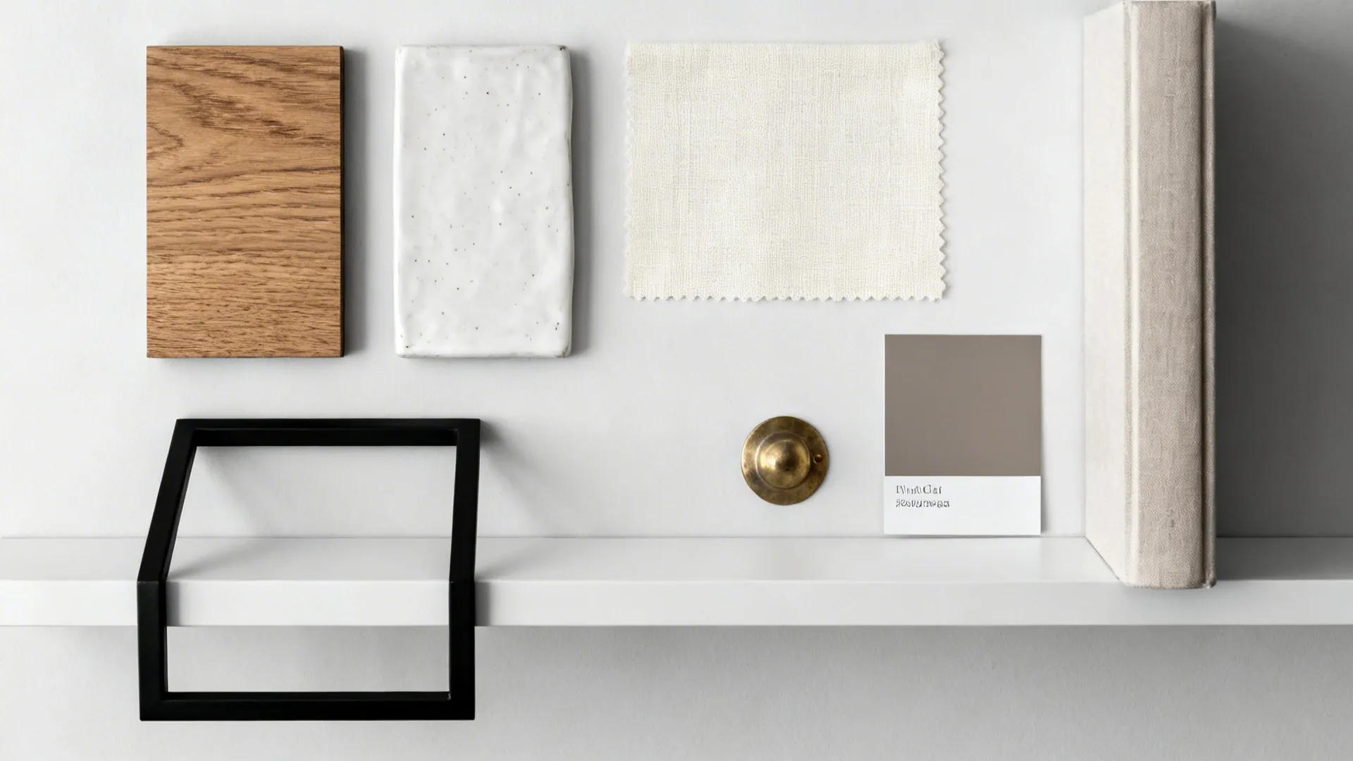 Top-down flatlay of oak, matte black, off-white ceramic, and linen for shelf styling.