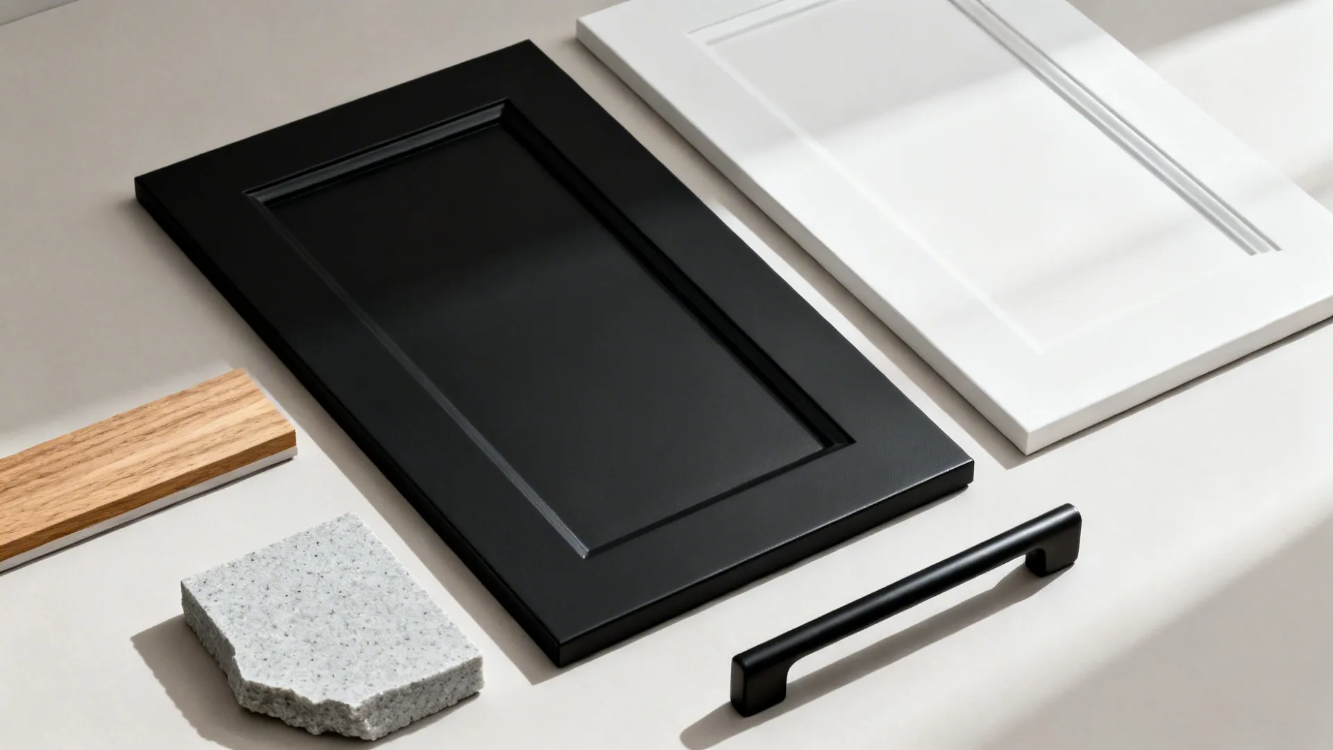 Top-down material board with matte black, satin white, oak strip, quartz, and black pull.