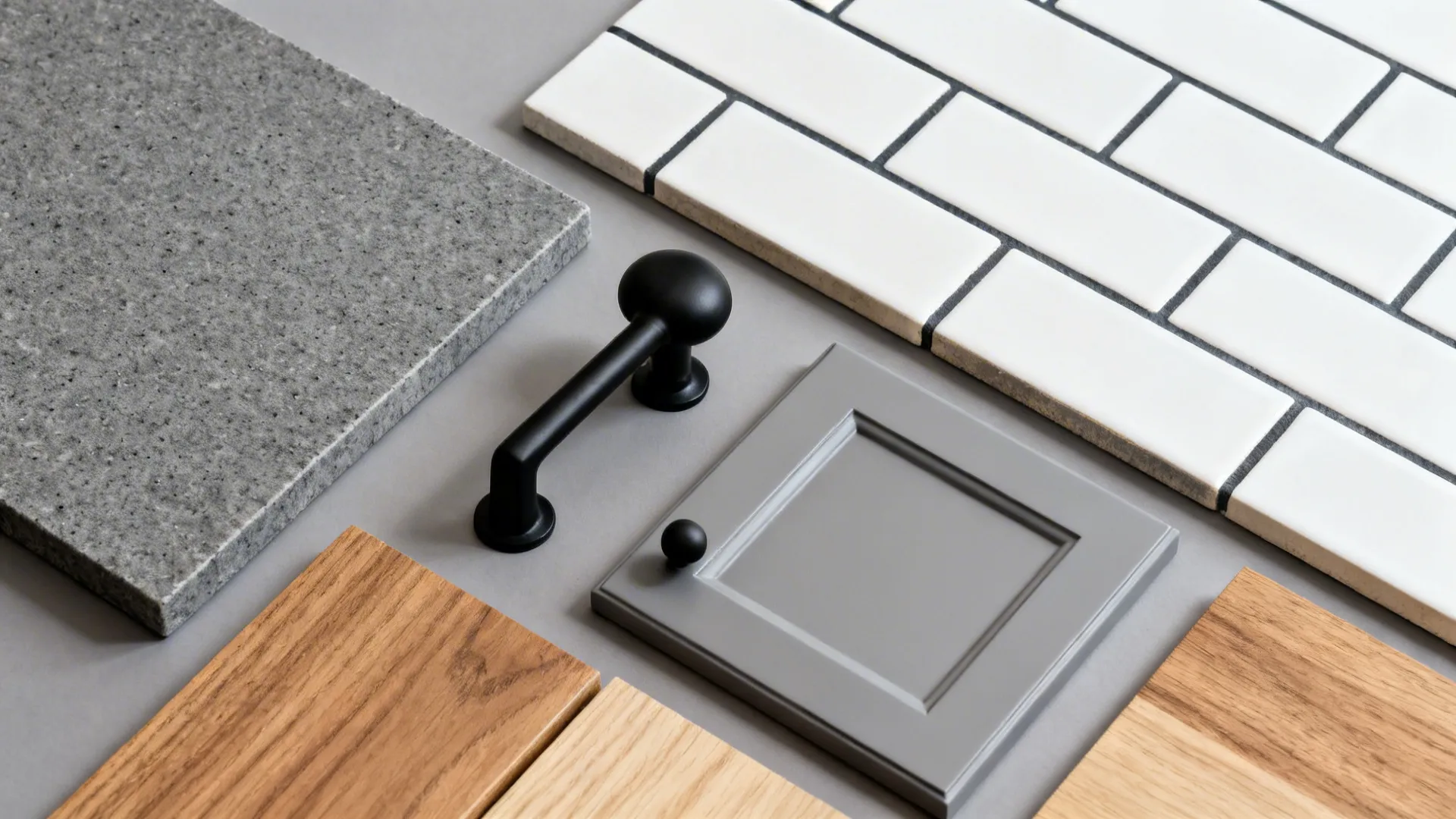 Flat lay of grey quartz, black hardware, grey cabinet, white tile with dark grout, and oak/walnut samples.