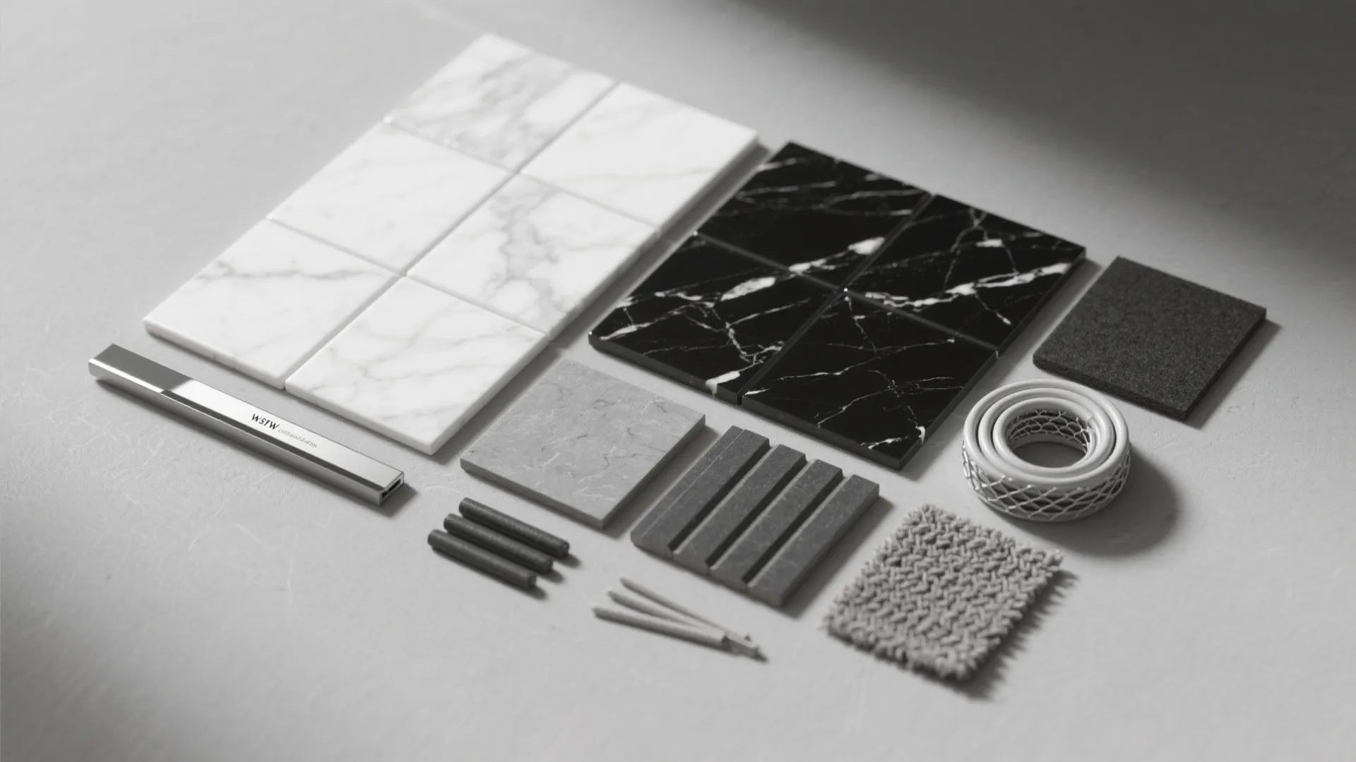 Collection of interior design material samples including marble tiles fabric and metal on grey background