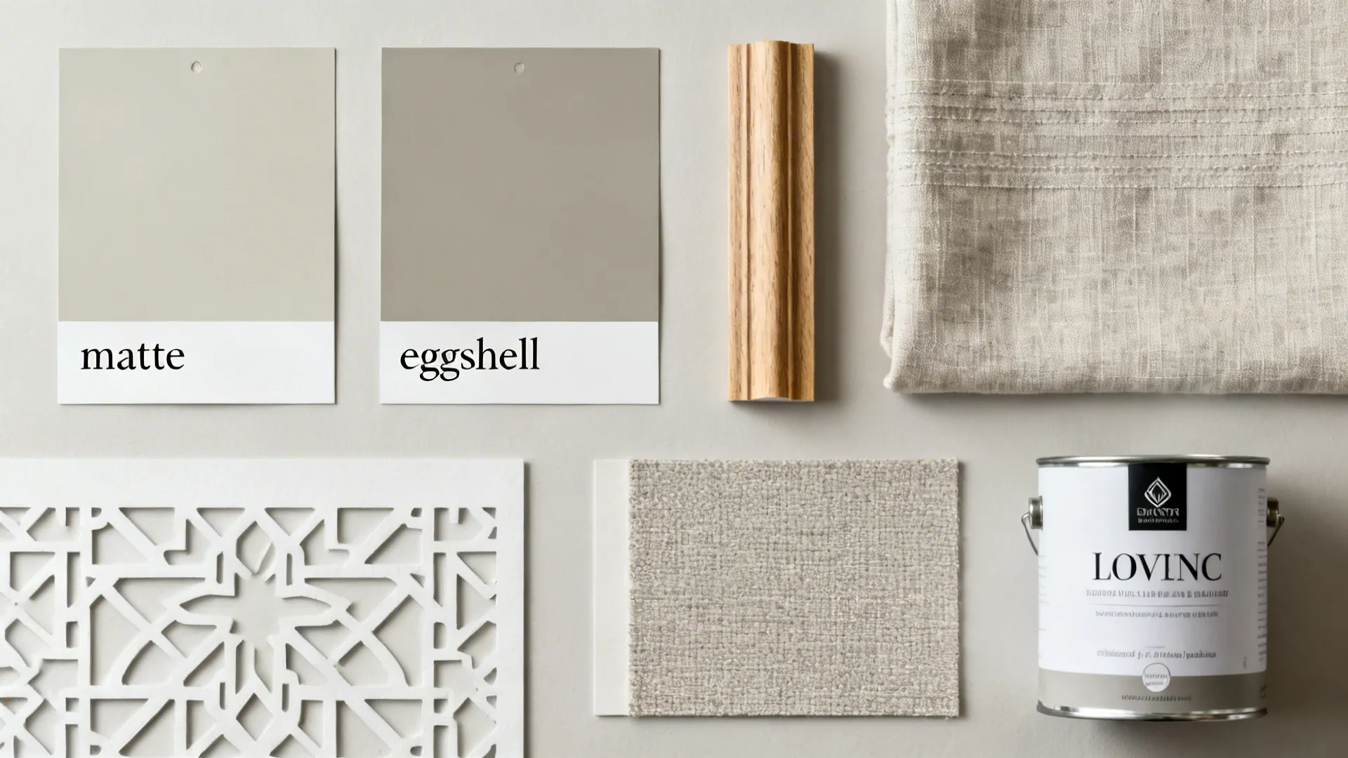 Flatlay of greige paint swatches in matte and eggshell, trim, fabric, and stencil sample.