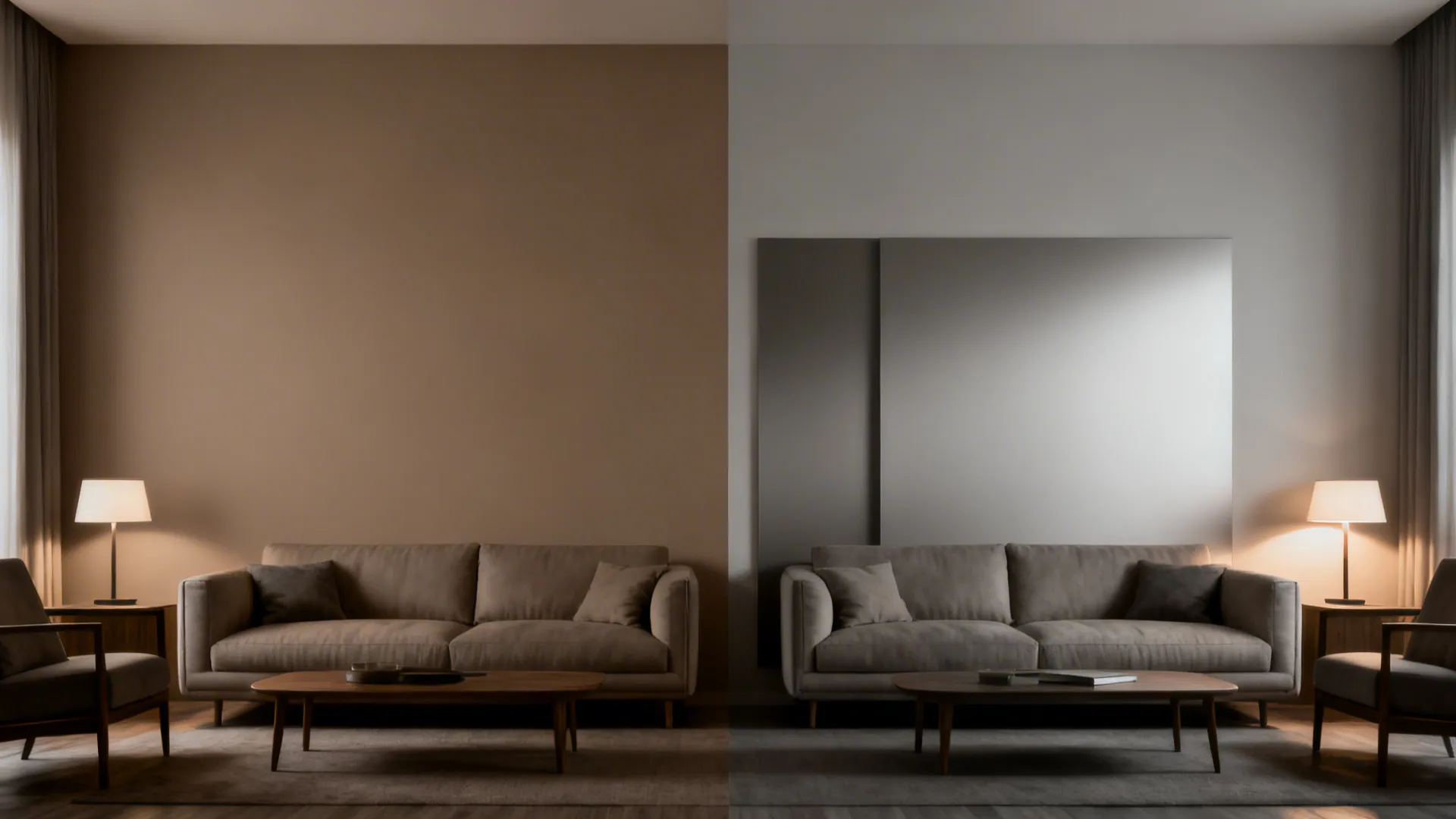 Before-and-after of a taupe wall upgraded from single sheen to matte field with a satin panel.