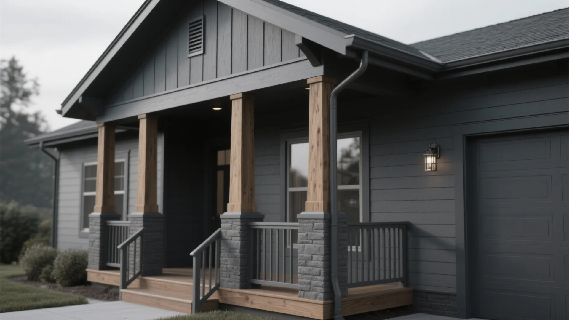 Dark grey house exterior with wooden pillars stone base porch wall light and garage door